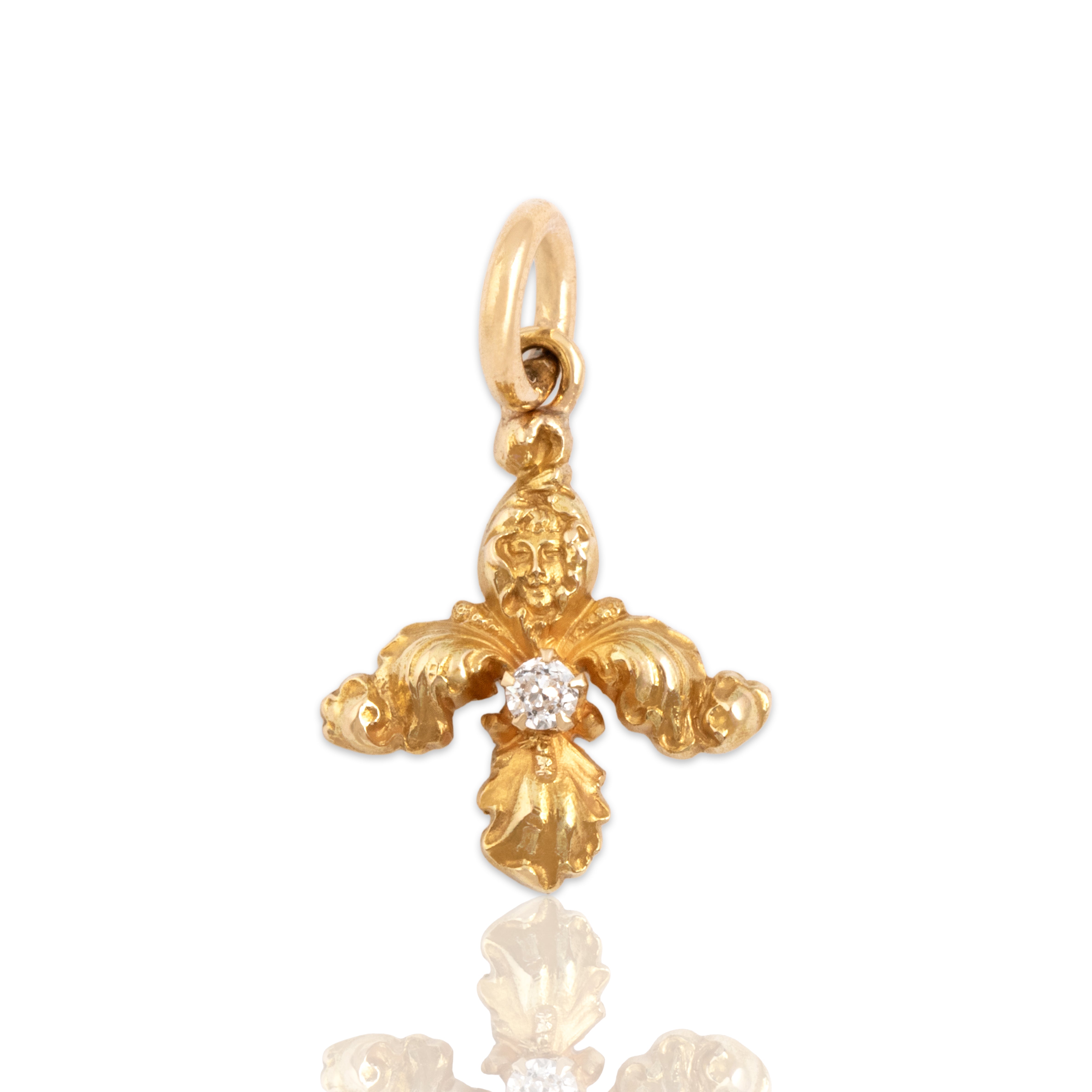 Antique Victorian 14k Yellow Gold Old Mine Cut Diamond Incredible Flourishing Hidden Face Charm / Pendant - Close-up view