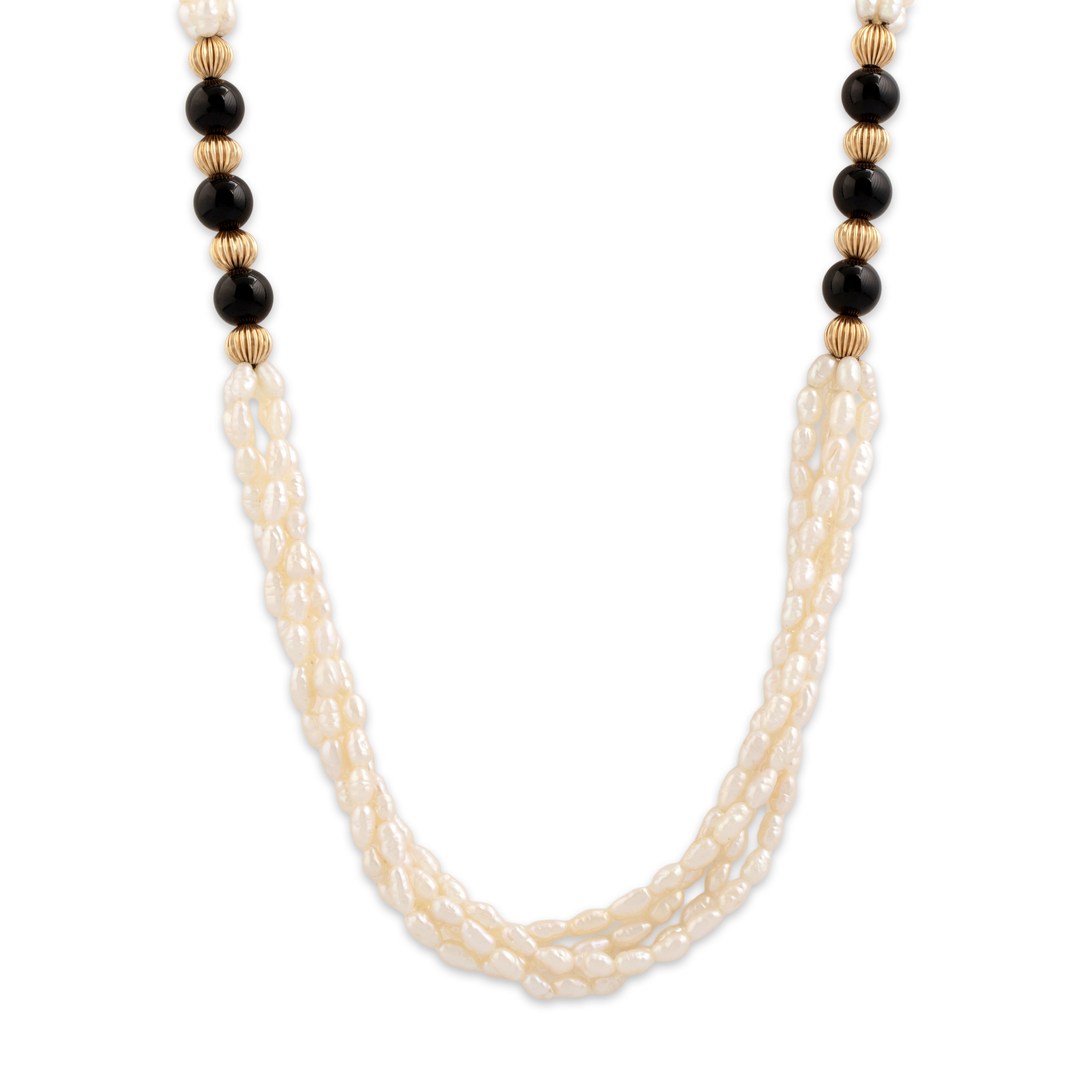 Vintage 14k Yellow Gold Seed Pearl Black Glass Long Naturalistic Beaded Necklace - Close-up view
