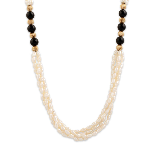 Vintage 14k Yellow Gold Seed Pearl Black Glass Naturalistic Beaded Necklace 30