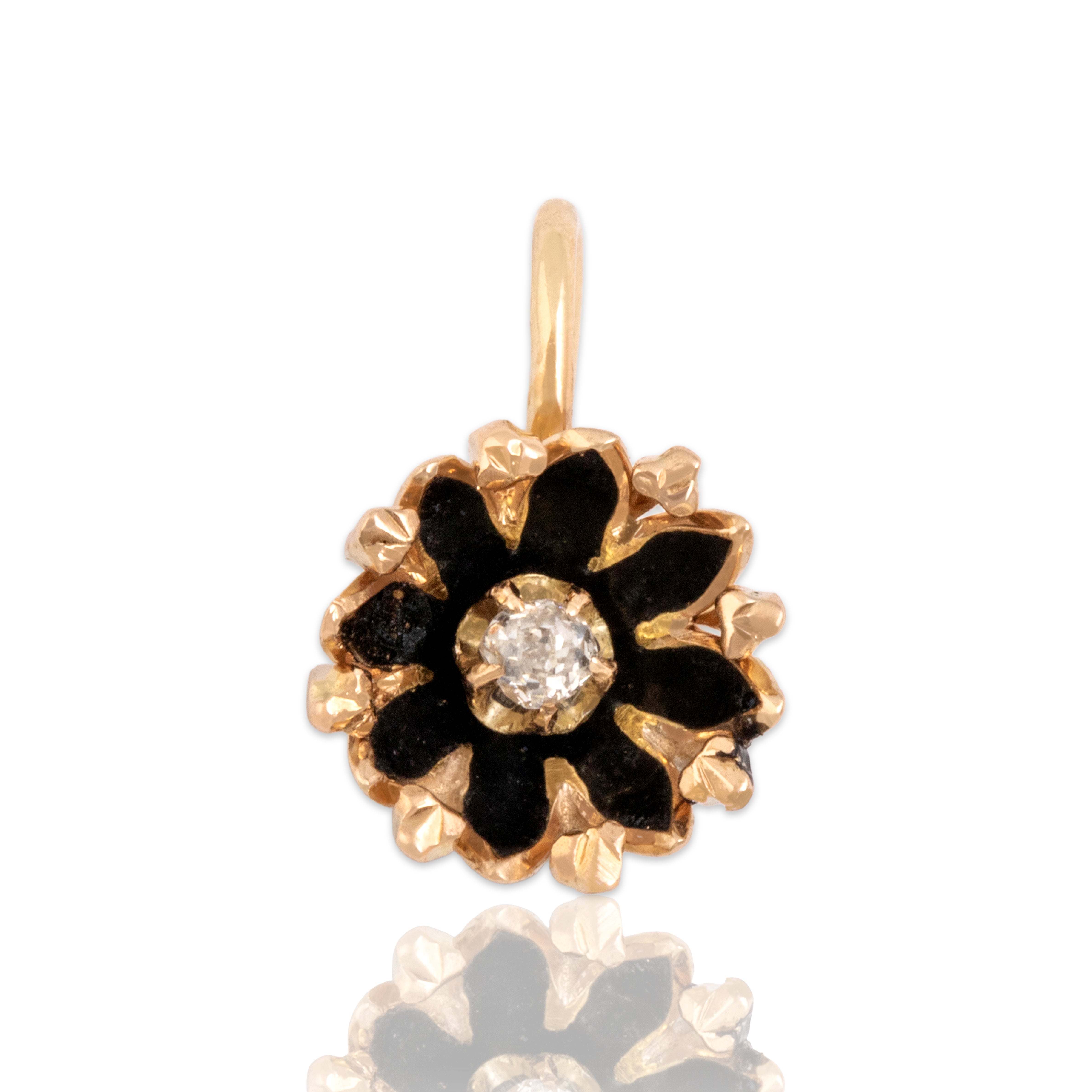 Antique Small 14k Yellow Gold Old Mine Cut Diamond Black Enamel Flower Charm / Pendant - Close-up view