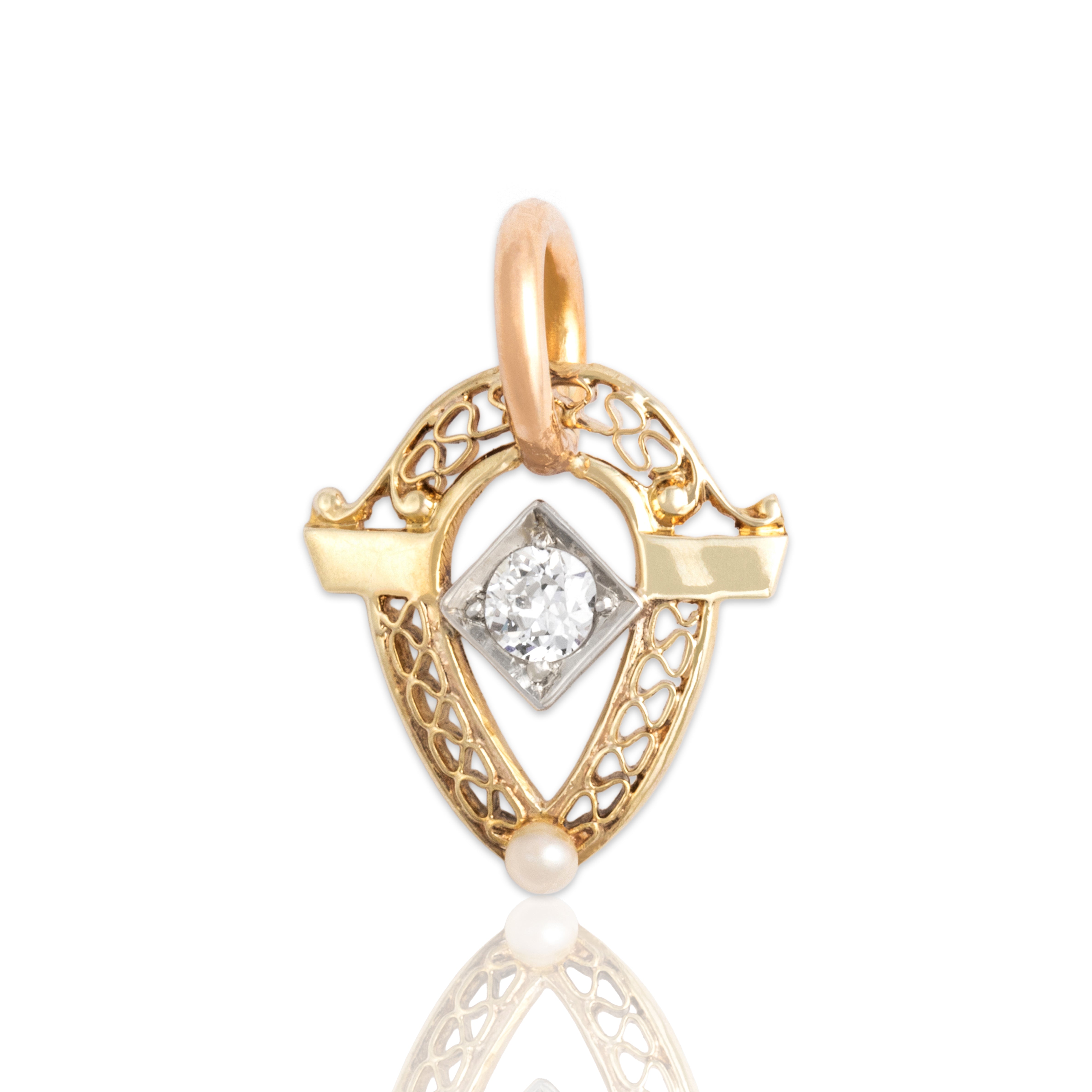 Antique Art Deco 14k Yellow Gold Old European Cut Diamond Pearl Lovely Openwork Slide Pendant - Close-up view