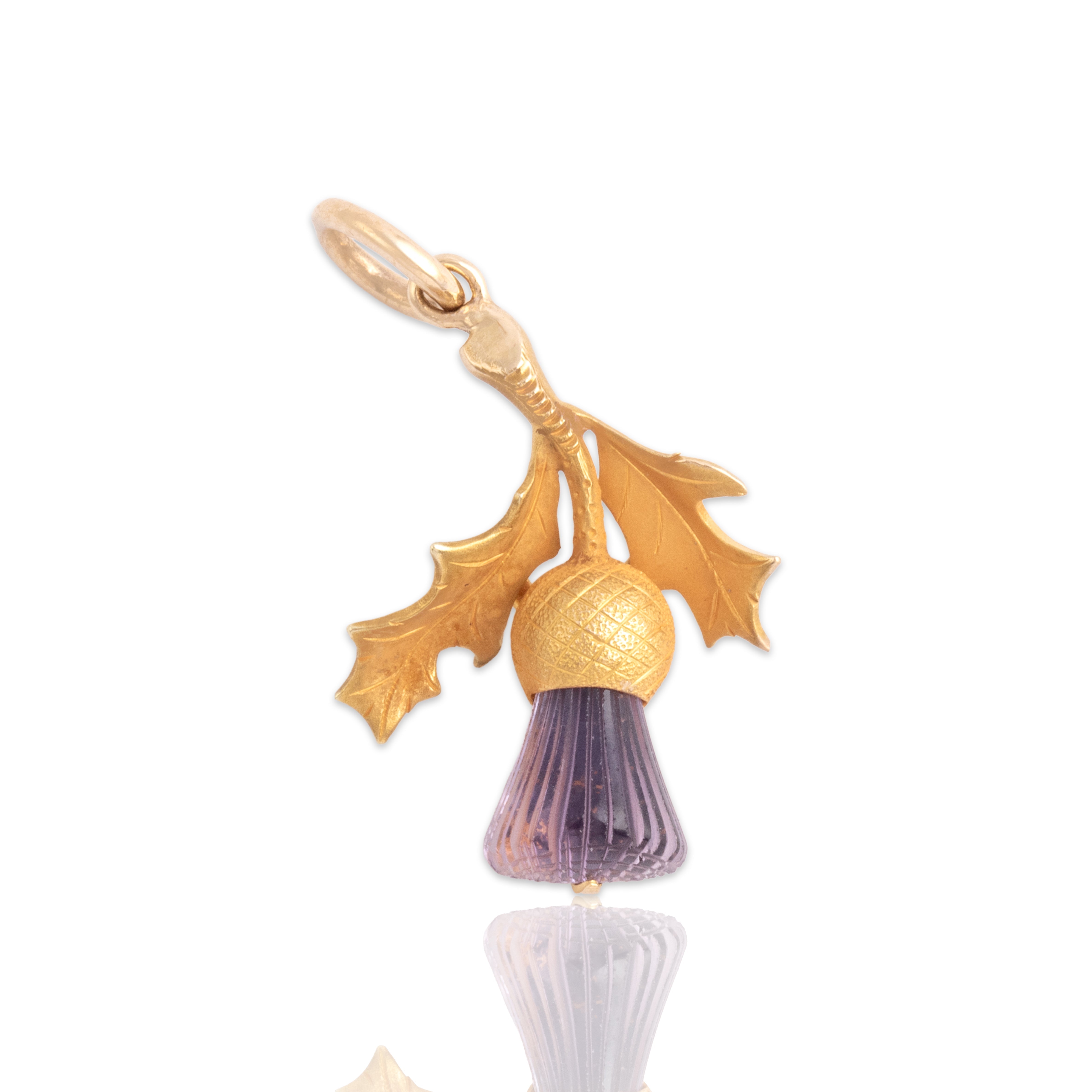 Antique 14k Yellow Gold Amethyst Wondrous Carved Thistle Charm / Pendant - Close-up view
