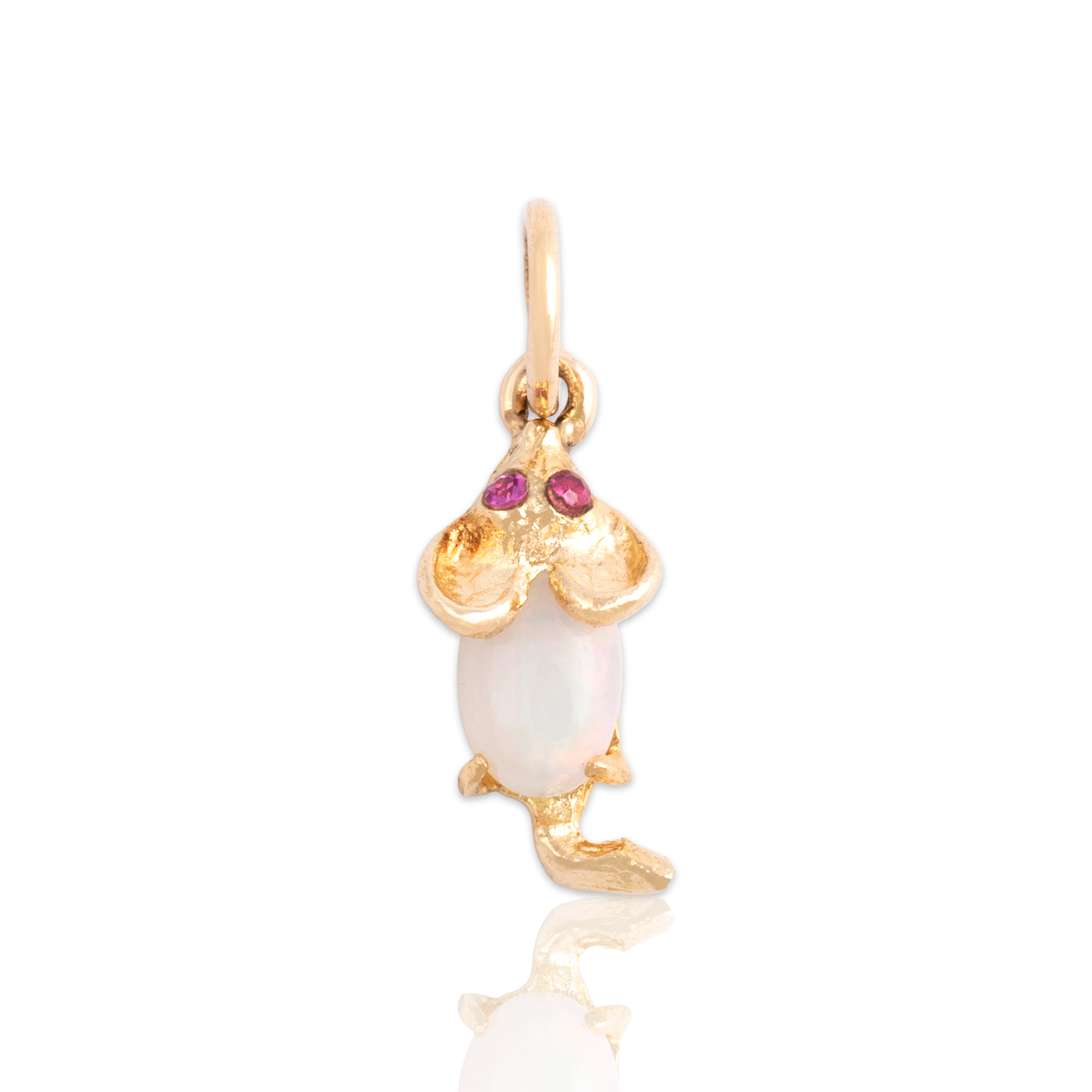 Antique Small 14k Yellow Gold Natural Opal Pink Synthetic Sapphire Adorable Scurrying Mouse Charm / Pendant - Close-up view