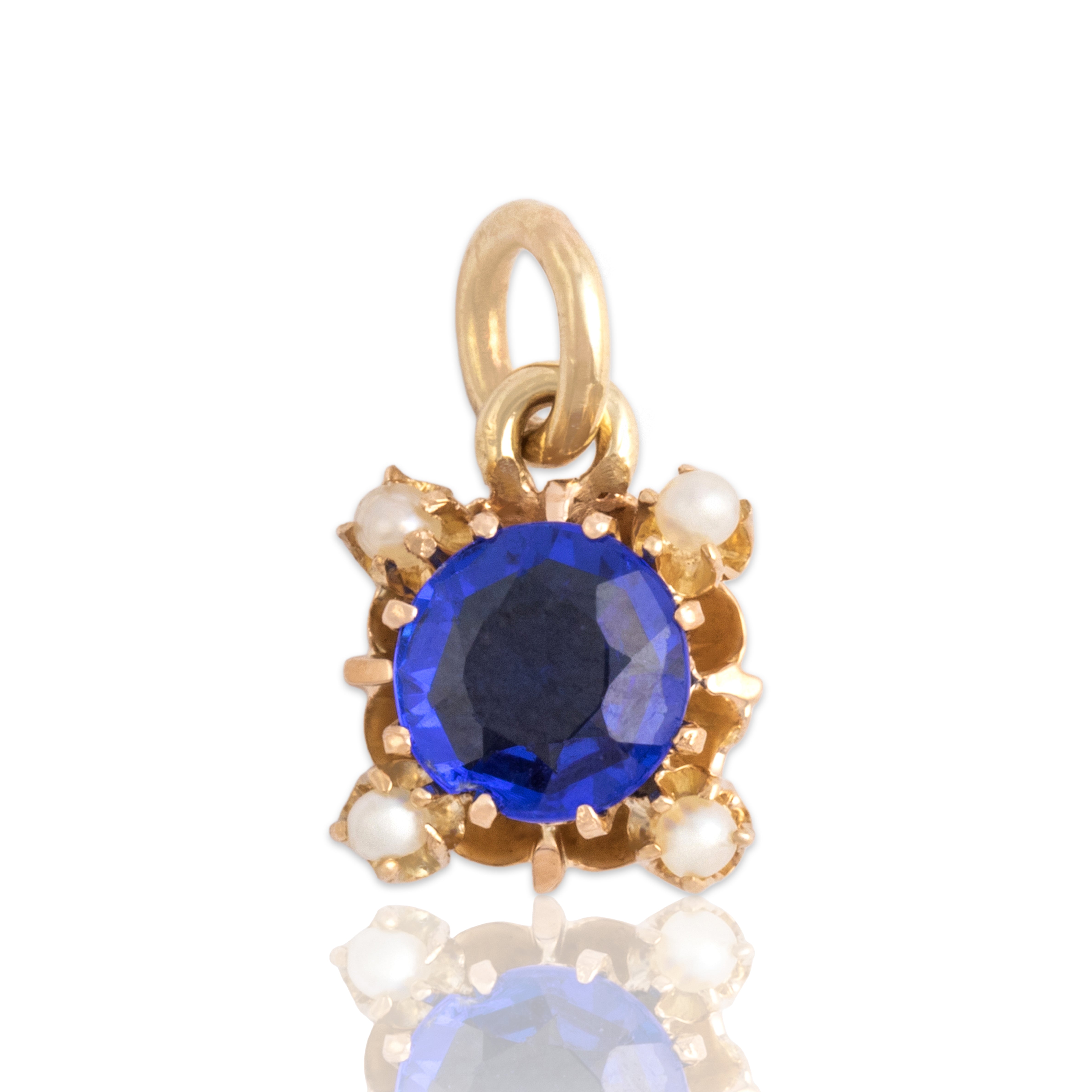 Antique 14k Yellow Gold Blue Garnet Glass Doublet Pearl Bright Quatrefoil Buttercup Pendant - Close-up view