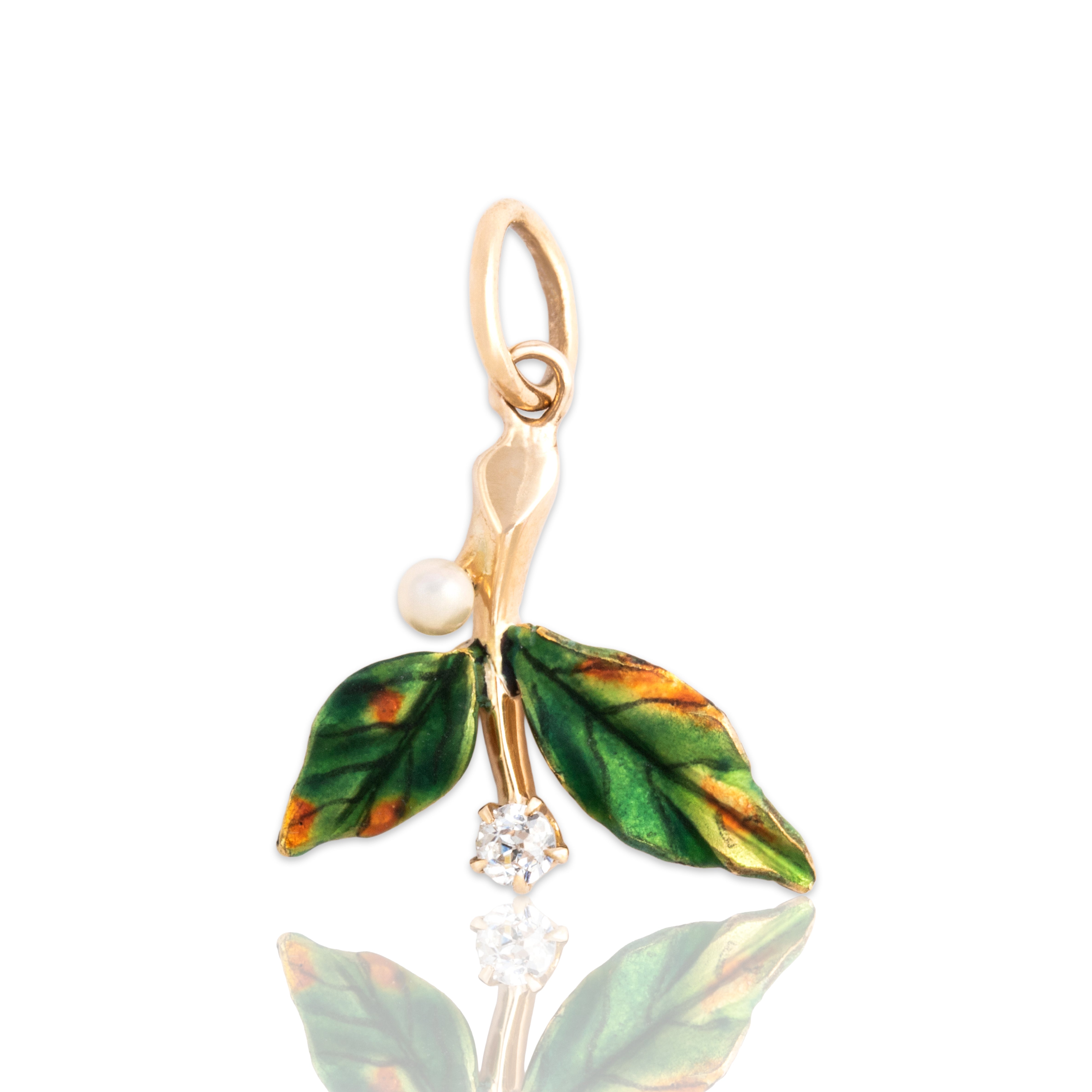 Antique Art Nouveau 14k Yellow Gold Old Mine Cut Diamond Pearl Beautiful Enamel Leafy Berry Charm / Pendant - Close-up view