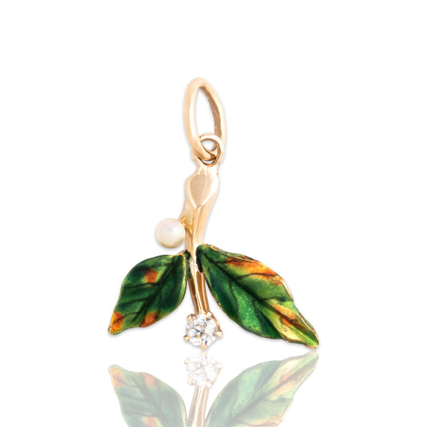 Antique Art Nouveau 14k Yellow Gold Old Mine Diamond Pearl Enamel Charm / Pendant