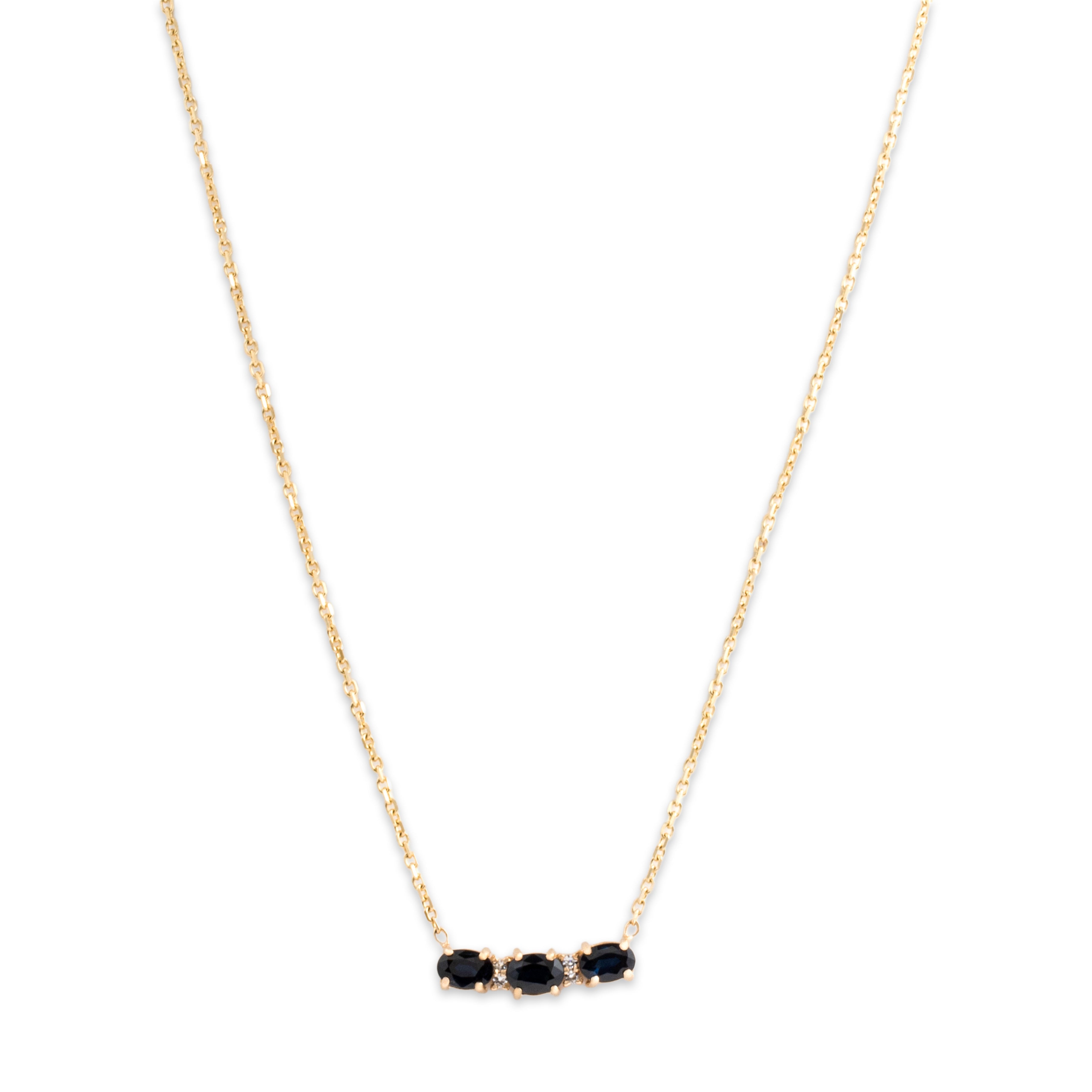 Vintage 14k Yellow Gold 1.61cttw Blue Sapphire Diamond Chic East-West Trio Necklace - Close-up view