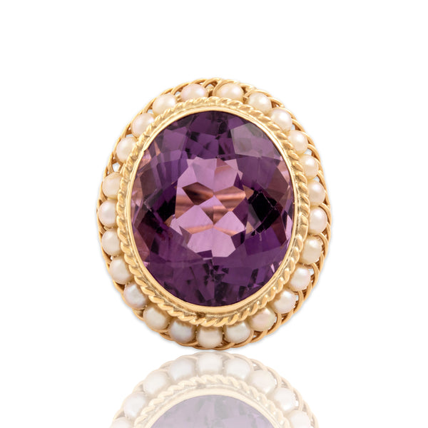 Vintage Large 14k Yellow Gold 13.21ct Amethyst Pearl Halo Framed Cocktail Ring 7.75