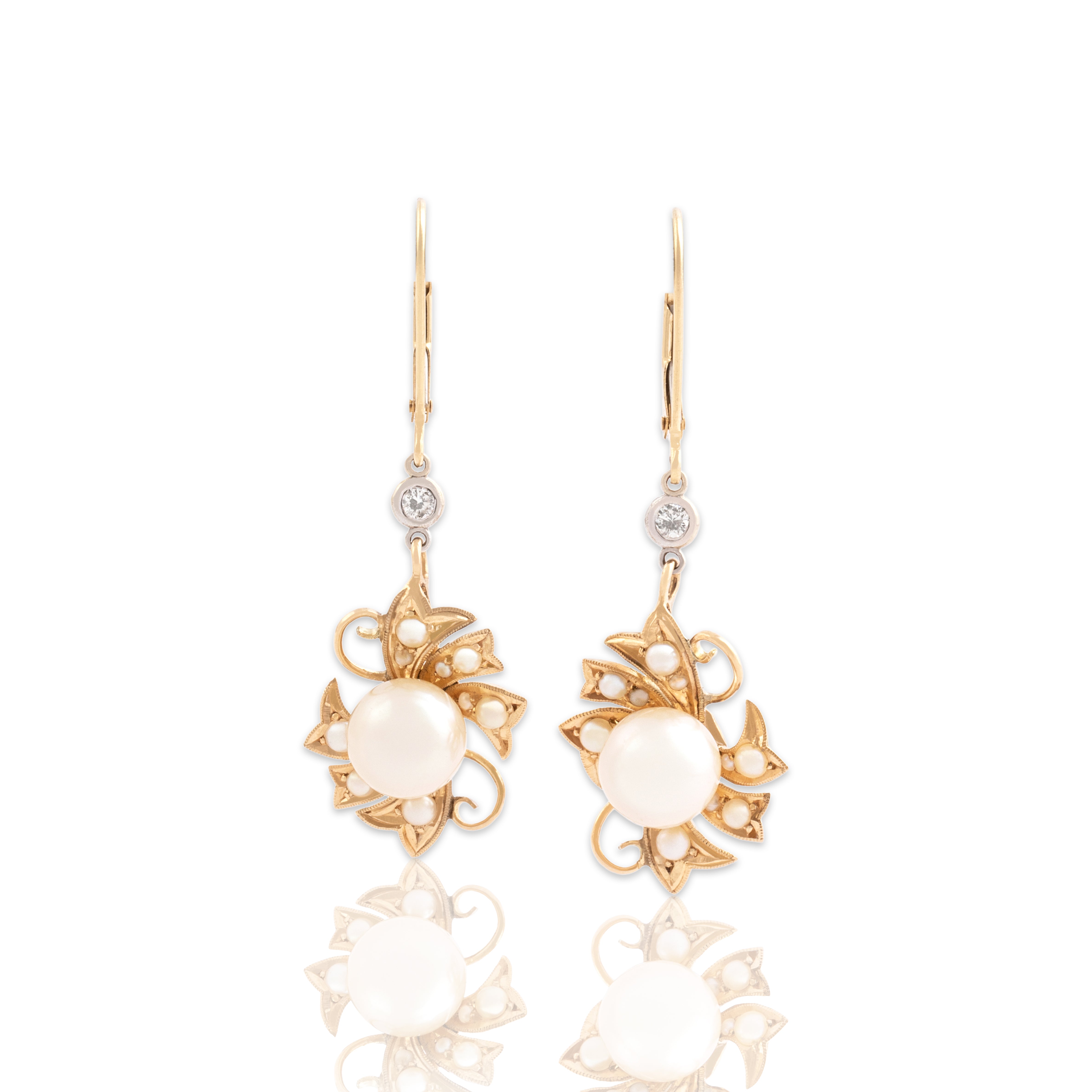 Vintage 14k Yellow & White Gold Diamond Pearl Stunning Luminous Swirl Long Dangle Earrings - Close-up view