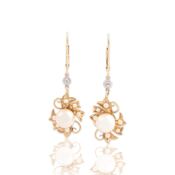 Vintage 14k Yellow & White Gold Diamond Pearl Stunning Luminous Swirl Earrings