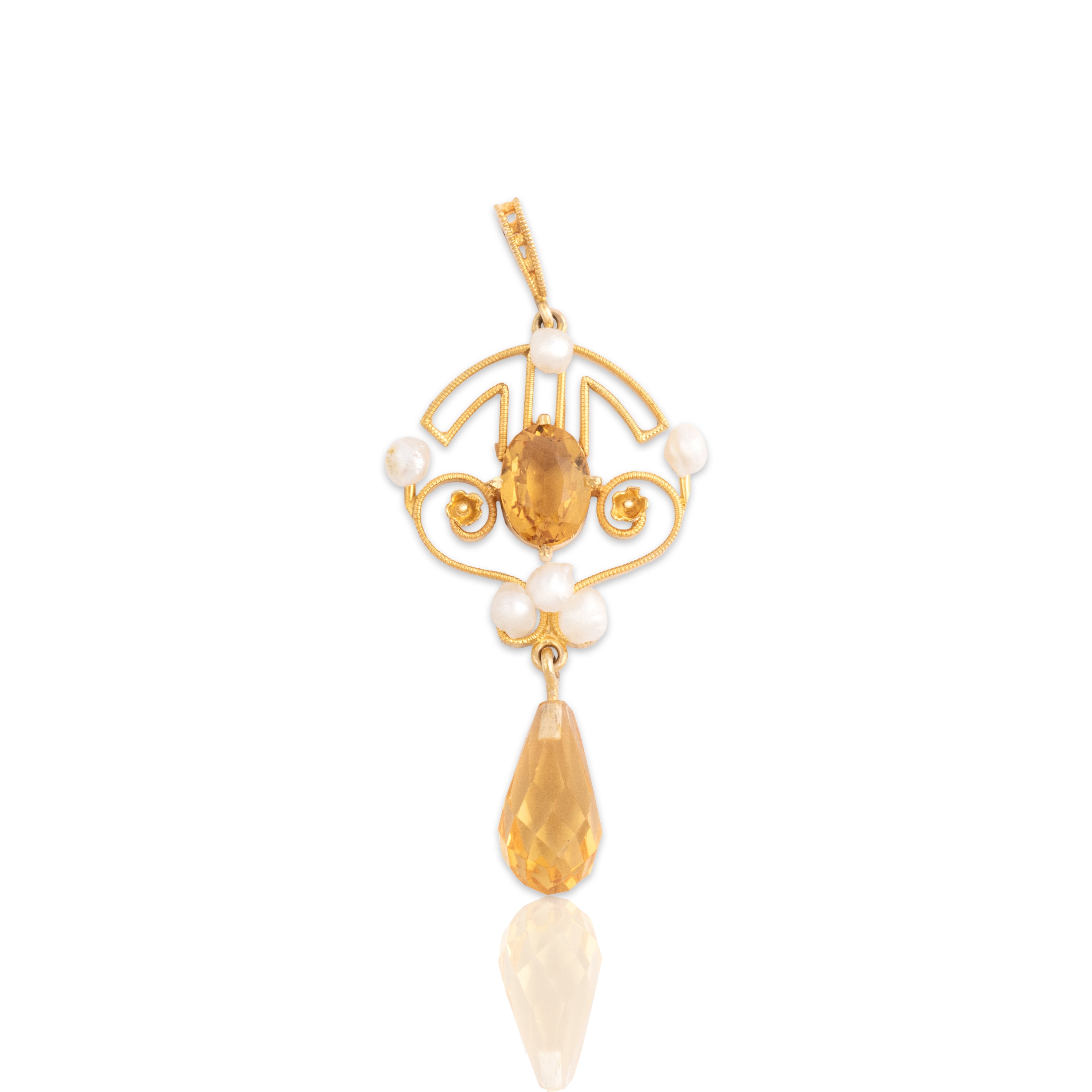 Vintage 14k Yellow Gold 2.4cttw Citrine Seed Pearl Geometric Floral Briolette Dangle Pendant - Close-up view