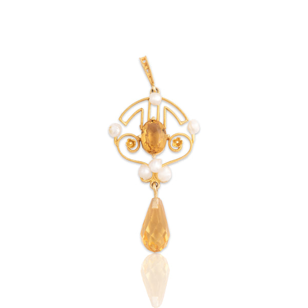 Vintage 14k Yellow Gold 2.4cttw Citrine Seed Pearl Geometric Briolette Pendant