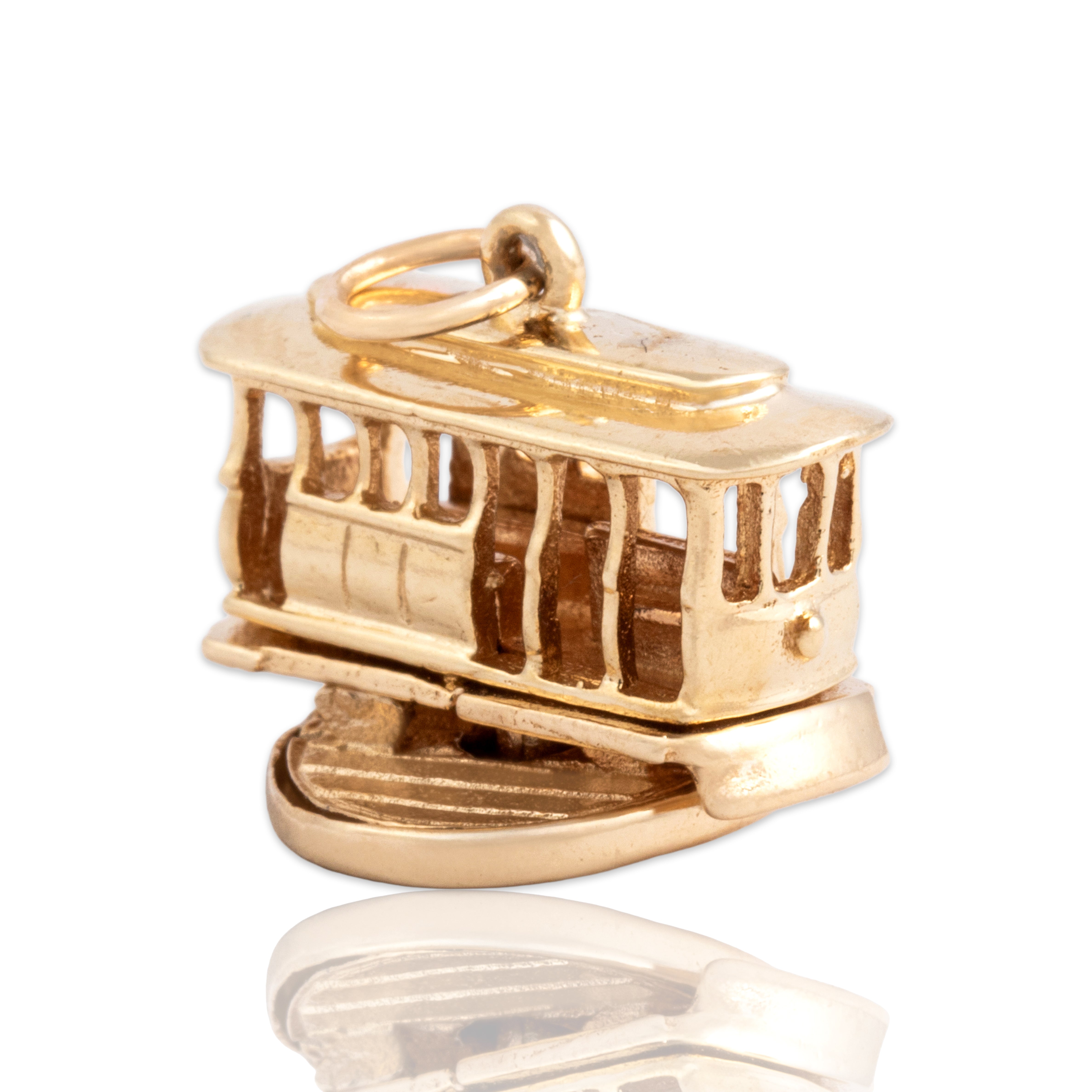 Vintage 14k Yellow Gold Articulated San Francisco Cable Car Charm / Pendant - Close-up view