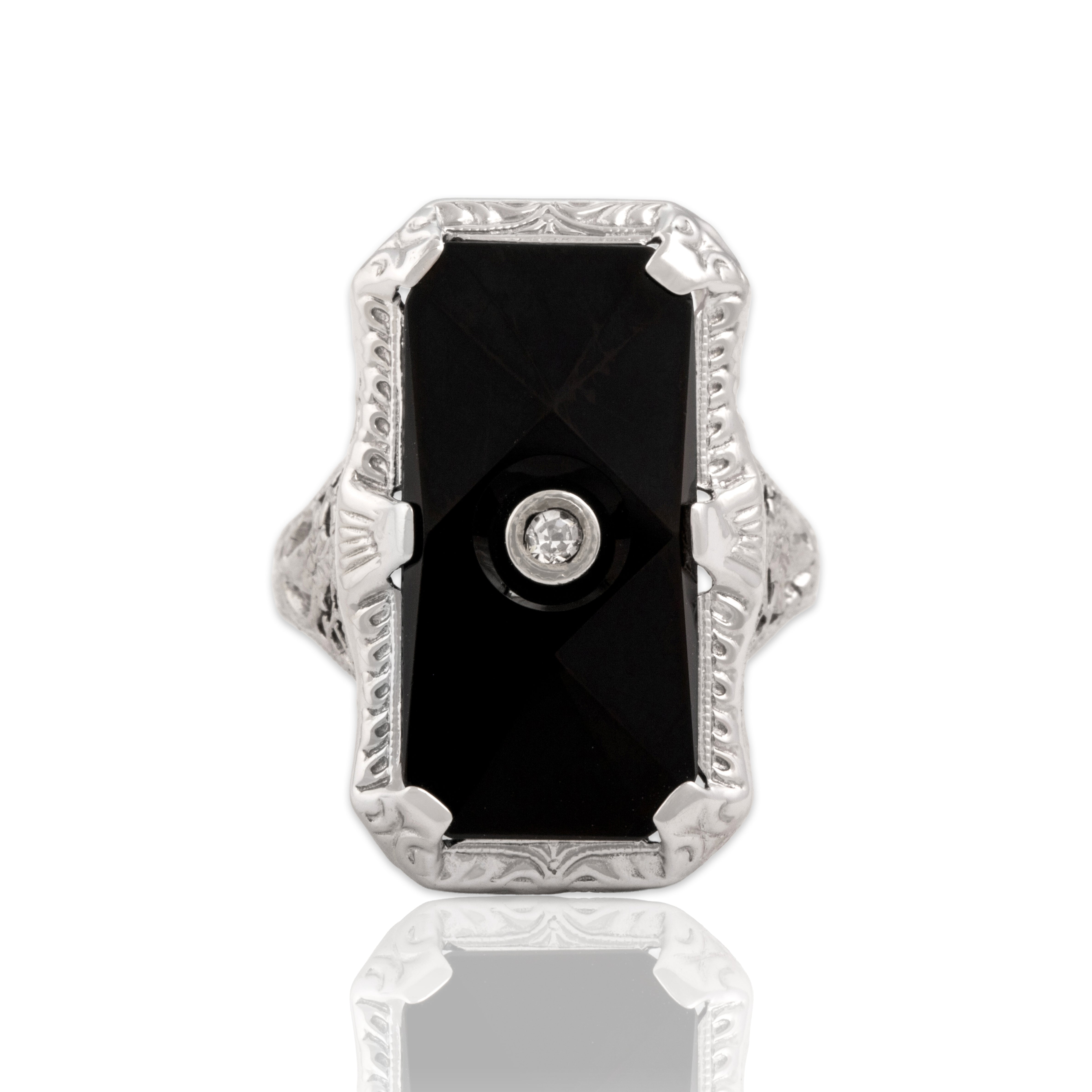 Antique Art Deco 14k White Gold 3.24ct Onyx Diamond Striking Faceted Decorated Openwork Ring - Close-up view