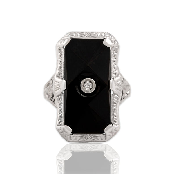 Antique Art Deco 14k White Gold 3.24ct Onyx Diamond Faceted Openwork Ring 4.75