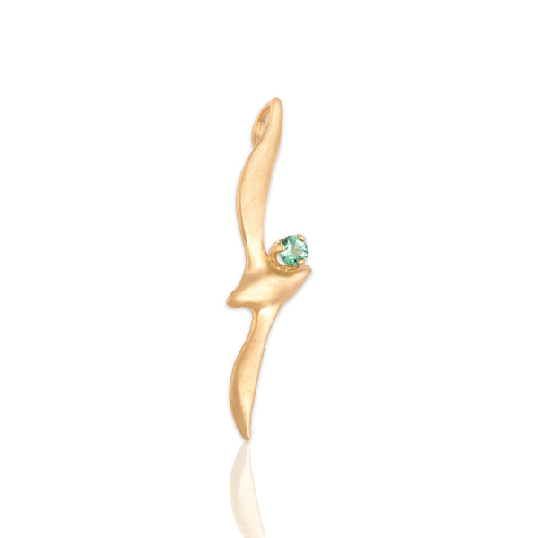 Vintage 14k Yellow Gold Teal Tourmaline Artistic Brushed Flying Gull Pendant