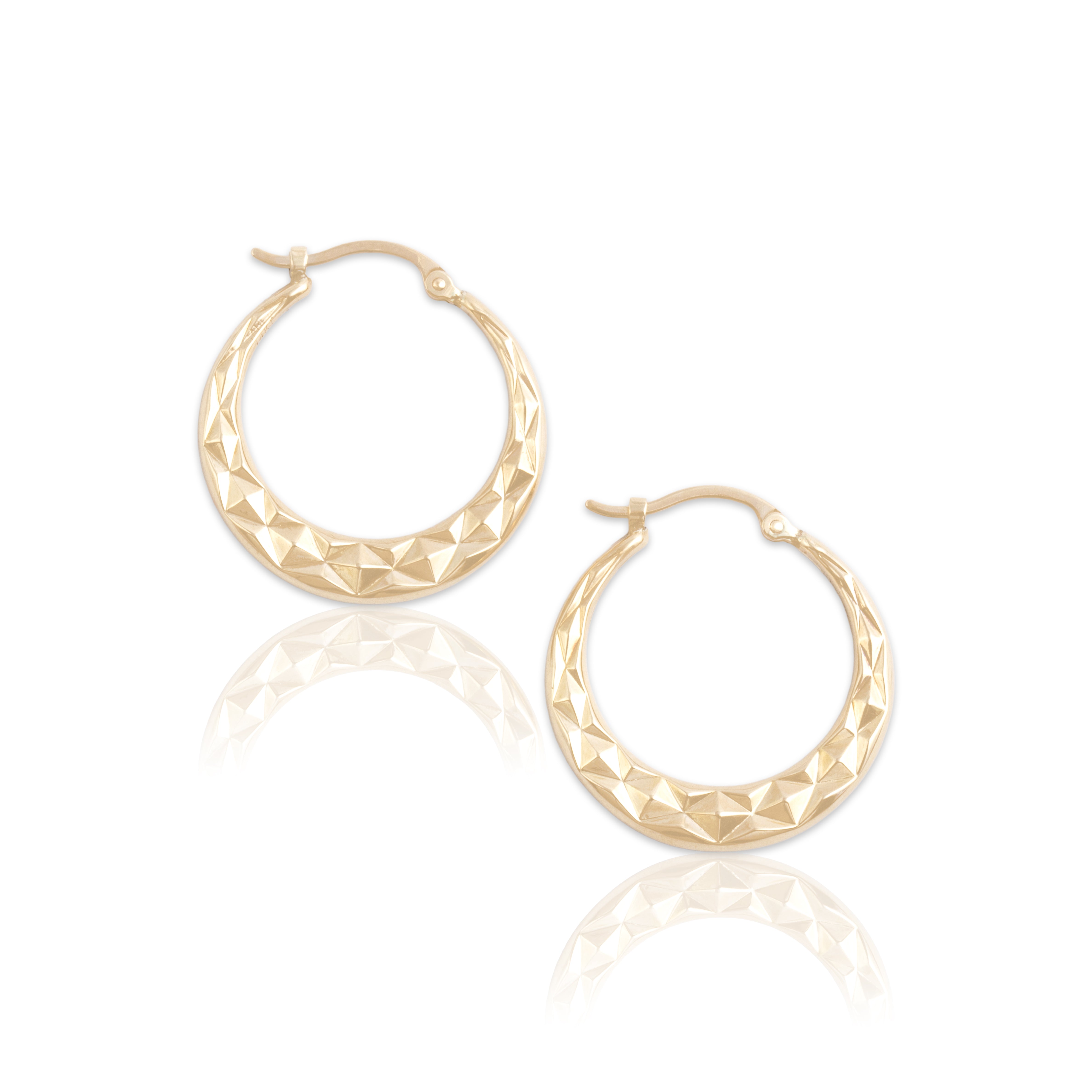 Vintage Lightweight 14k Yellow Gold Rhombus Textured Hoop Earrings - Close-up view