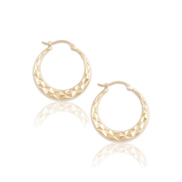 Vintage Lightweight 14k Yellow Gold Rhombus Textured Hoop Earrings