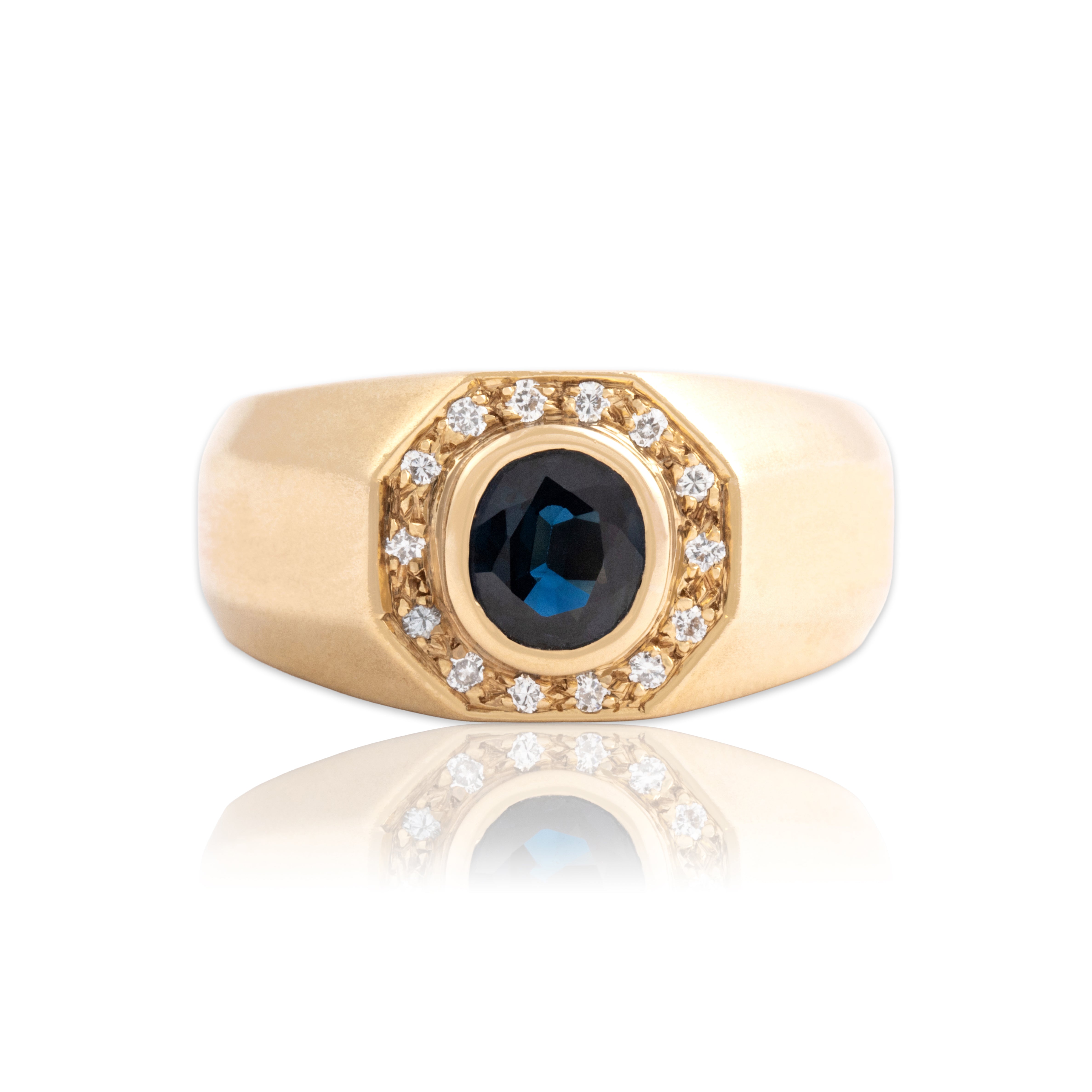 Vintage Heavy 14k Yellow Gold .97ct Blue Sapphire Diamond Brushed Octogonal Halo Signet Ring - Close-up view