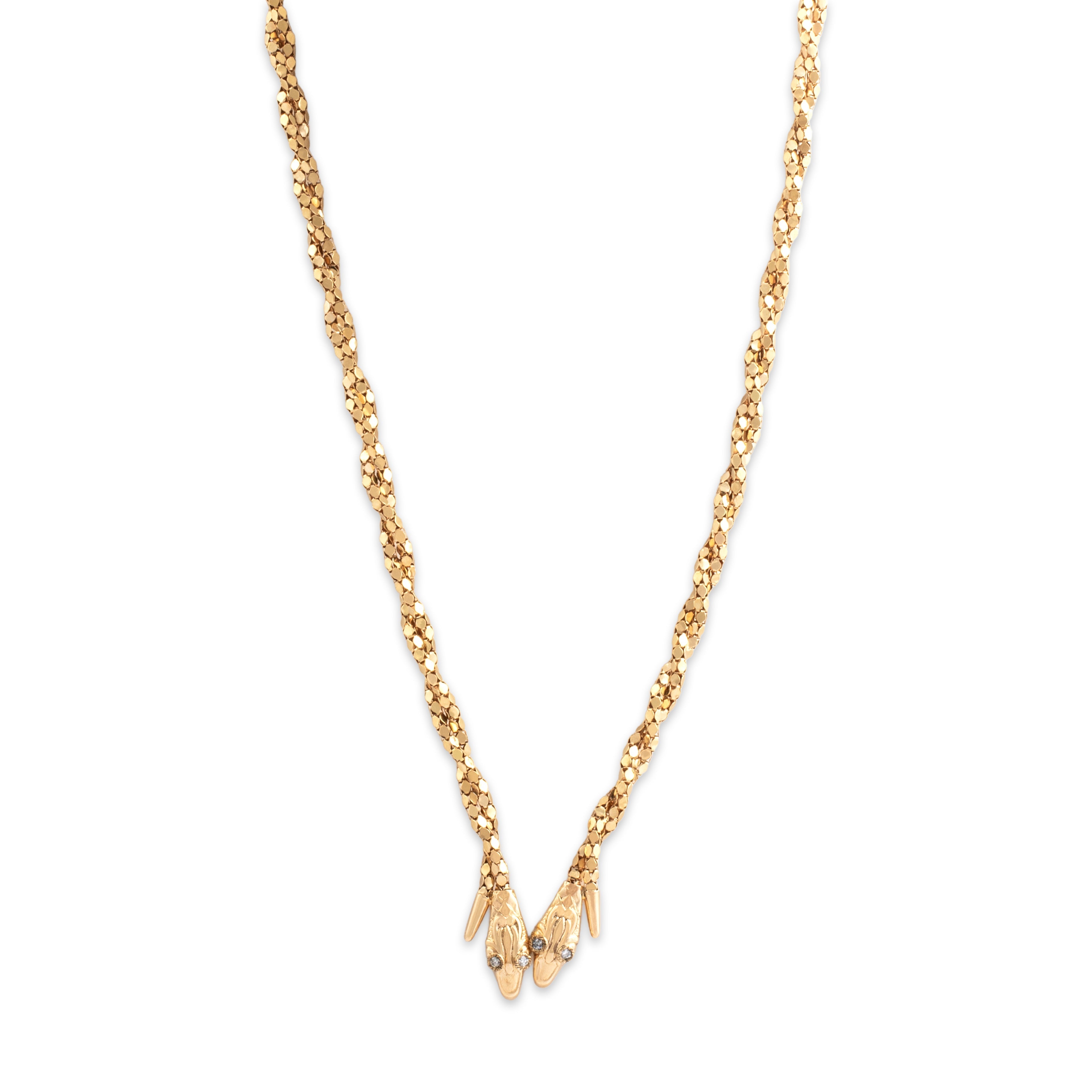 Vintage Italian 18k Yellow Gold Diamond Bold Twin Snake Dimensional Twisting Chain Necklace - Close-up view