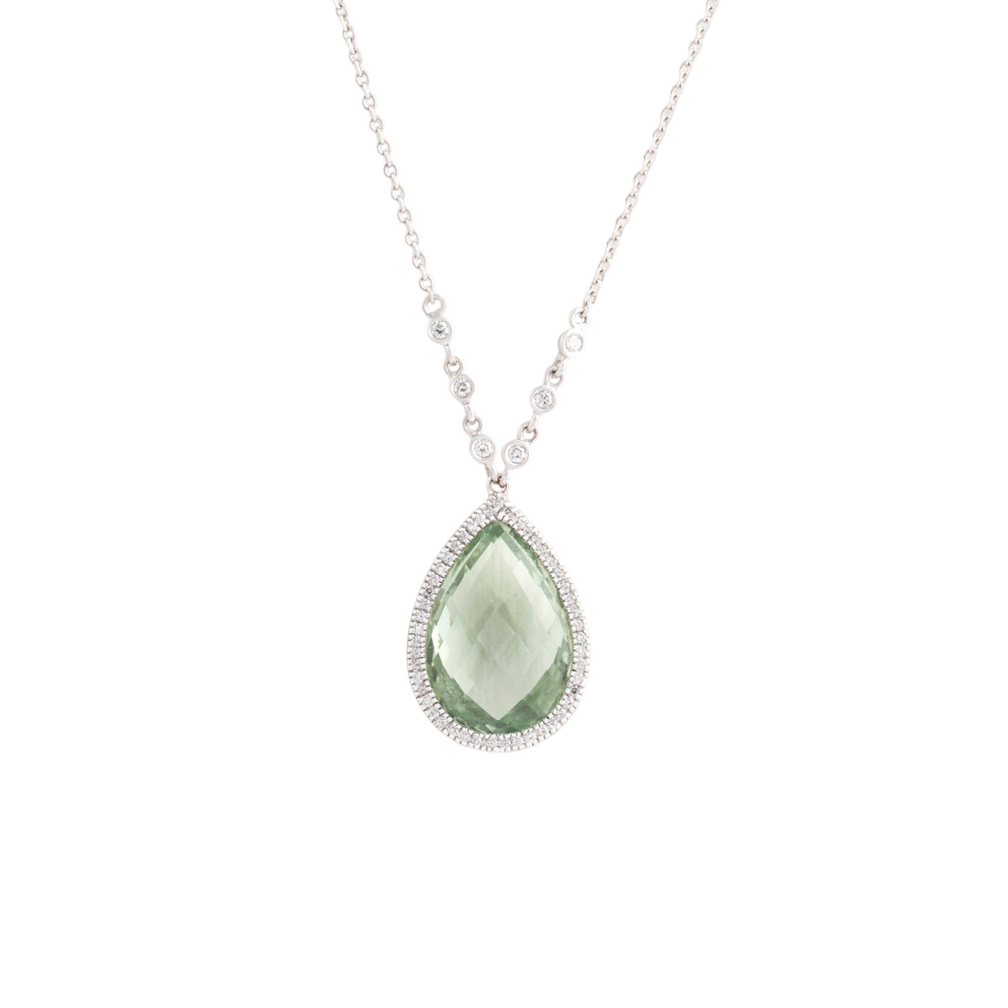 Vintage 14k White Gold 7.1ct Prasiolite Diamond Checkerboard Halo Necklace 18
