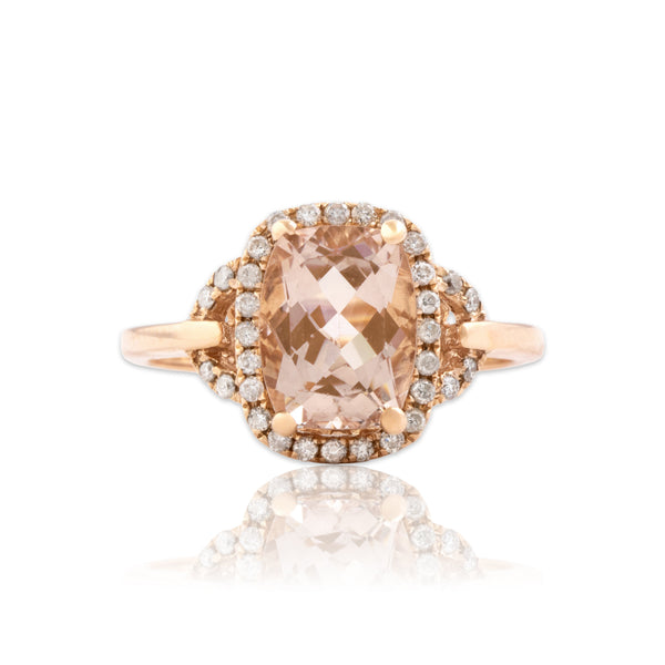 Vintage 14k Rose Gold 1.84ct Morganite Diamond Rectangular Cushion Ring 5.50