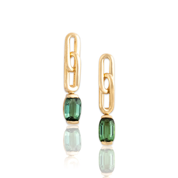 Estate 18k Yellow Gold .76cttw Mint Tourmaline Chic Oval Link Dangle Earrings