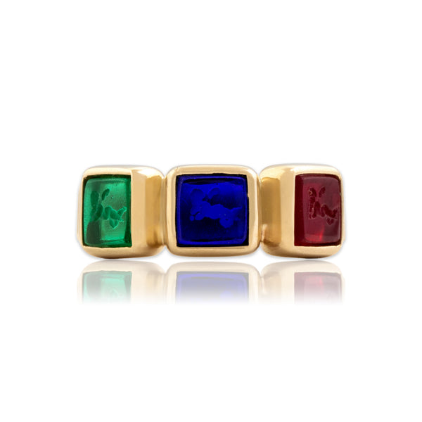 Vintage Italian 14k Yellow Gold Multi-Color Glass Triple Bezel Cherub Intaglio Ring - Close-up view