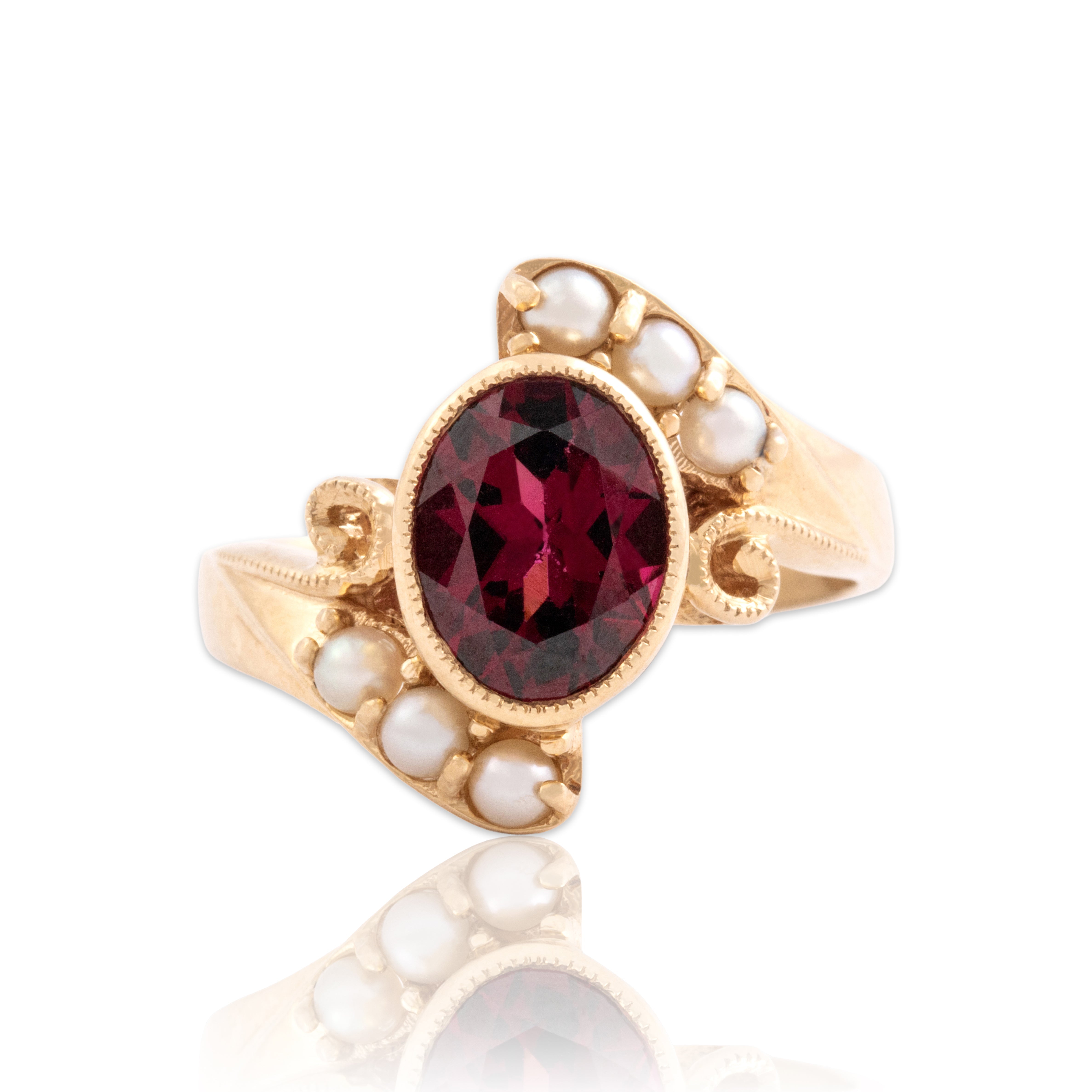 Vintage 14k Yellow Gold Pearl 2.11ct Dark Pink Garnet Ornate Milgrain Bypass Ring - Close-up view