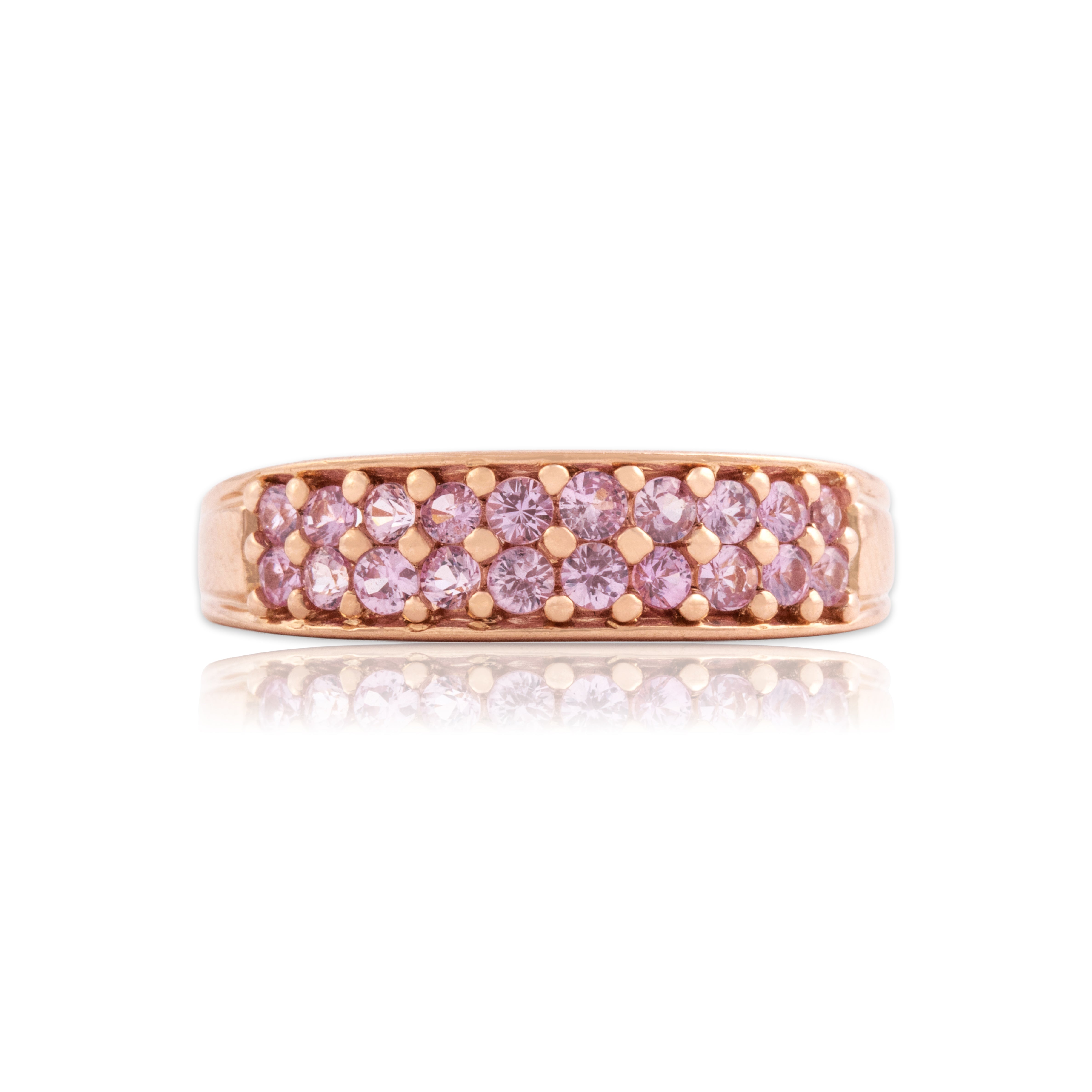 Vintage 14k Rose Gold Pink Sapphire Dazzling Bright Double Line Band Ring - Close-up view
