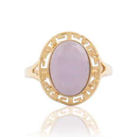 Vintage 14k Yellow Gold 4.73ct Lavender Jade Gleaming Greek Key Cabochon Ring 11.00
