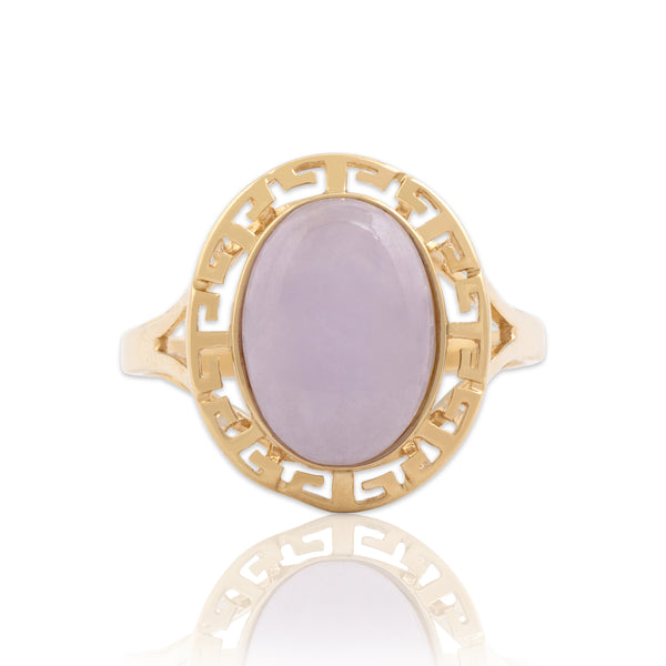 Vintage 14k Yellow Gold 4.73ct Lavender Jade Gleaming Greek Key Cabochon Ring 11.00
