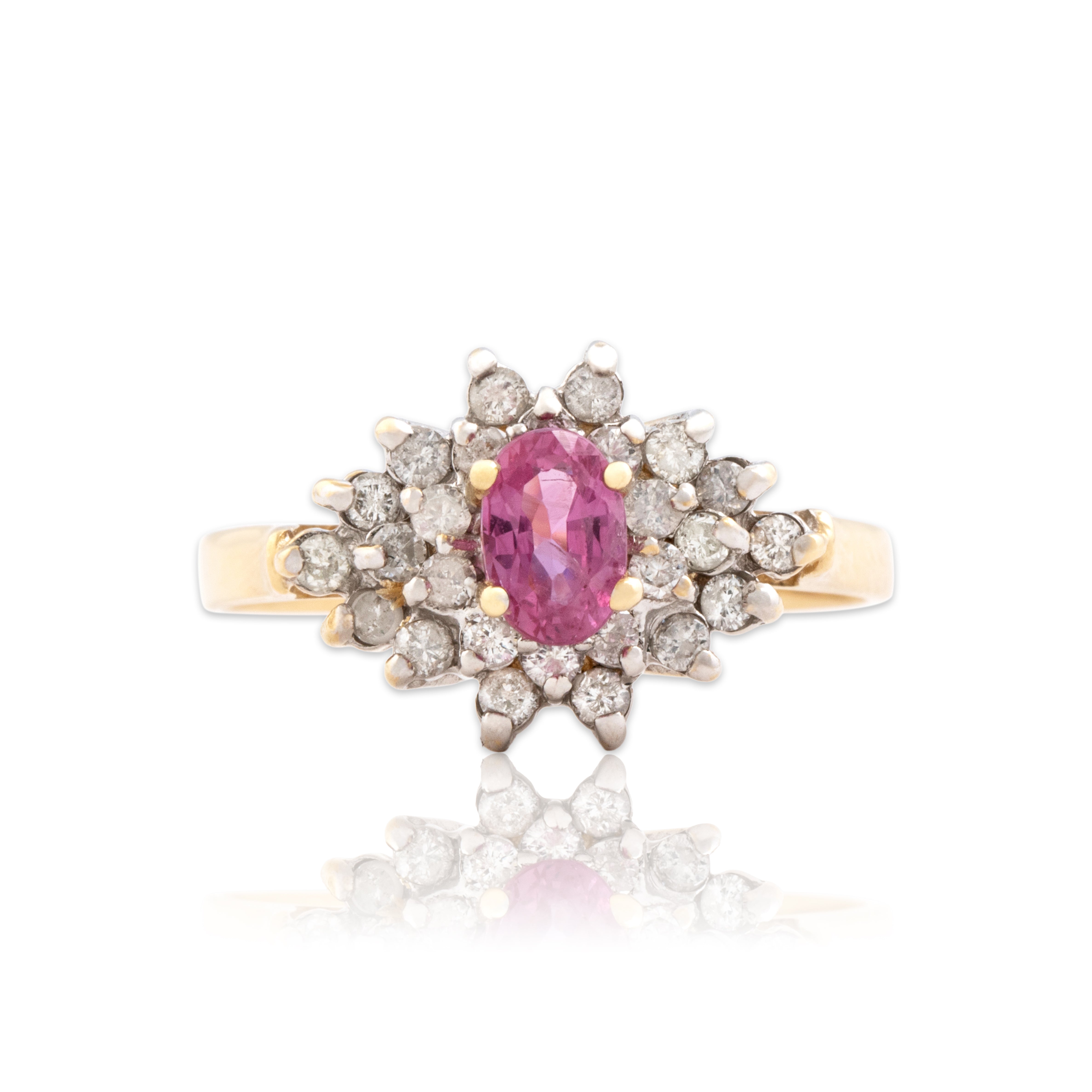 Vintage 14k Yellow Gold Diamond Pink Sapphire Classic Cluster Ring - Close-up view