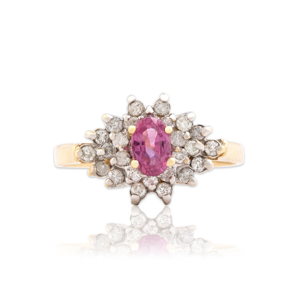 Vintage 14k Yellow Gold Diamond Pink Sapphire Classic Cluster Ring - Close-up view