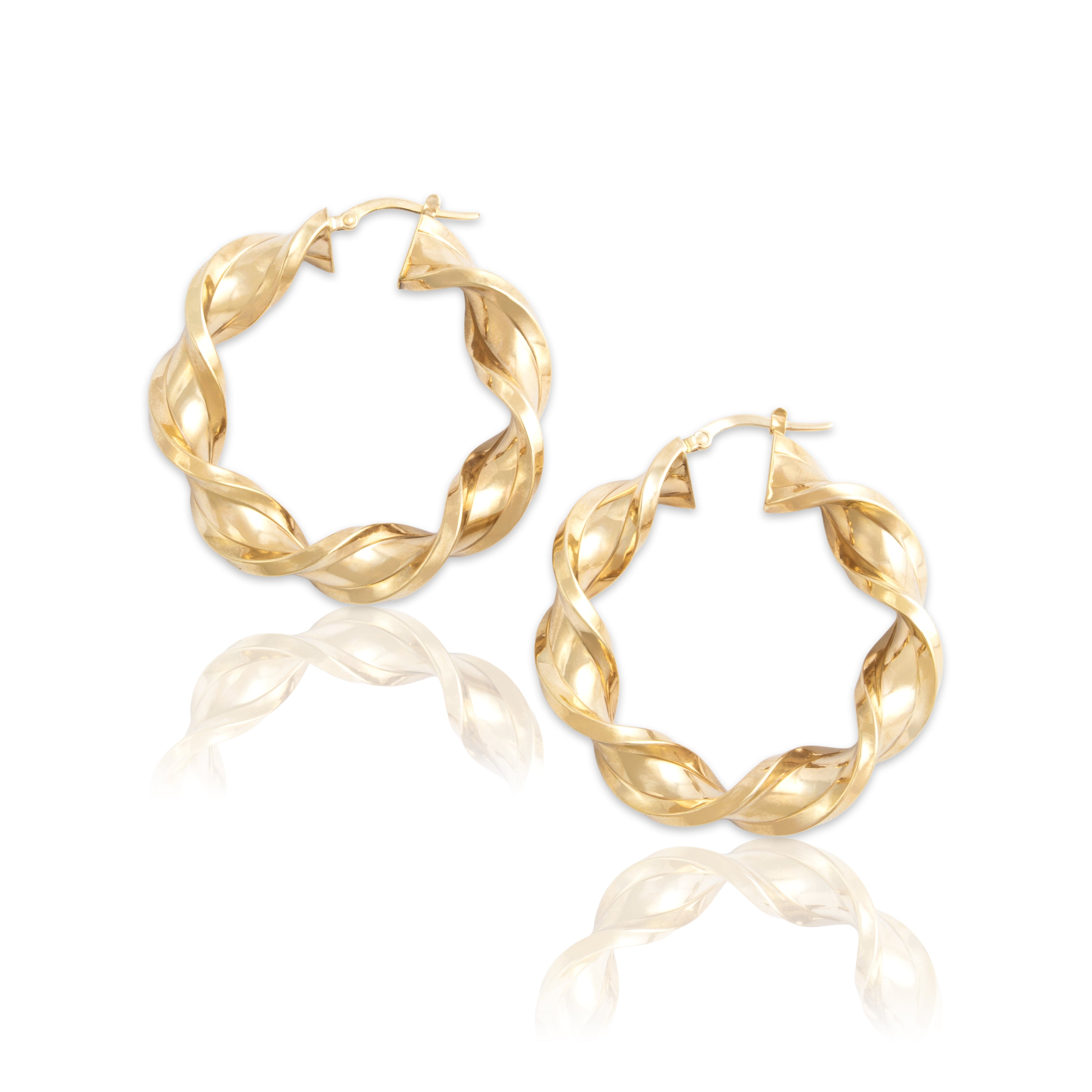 Vintage Italian Large 14k Yellow Gold Twisting Ribbon Hoop Earrings - Close-up view