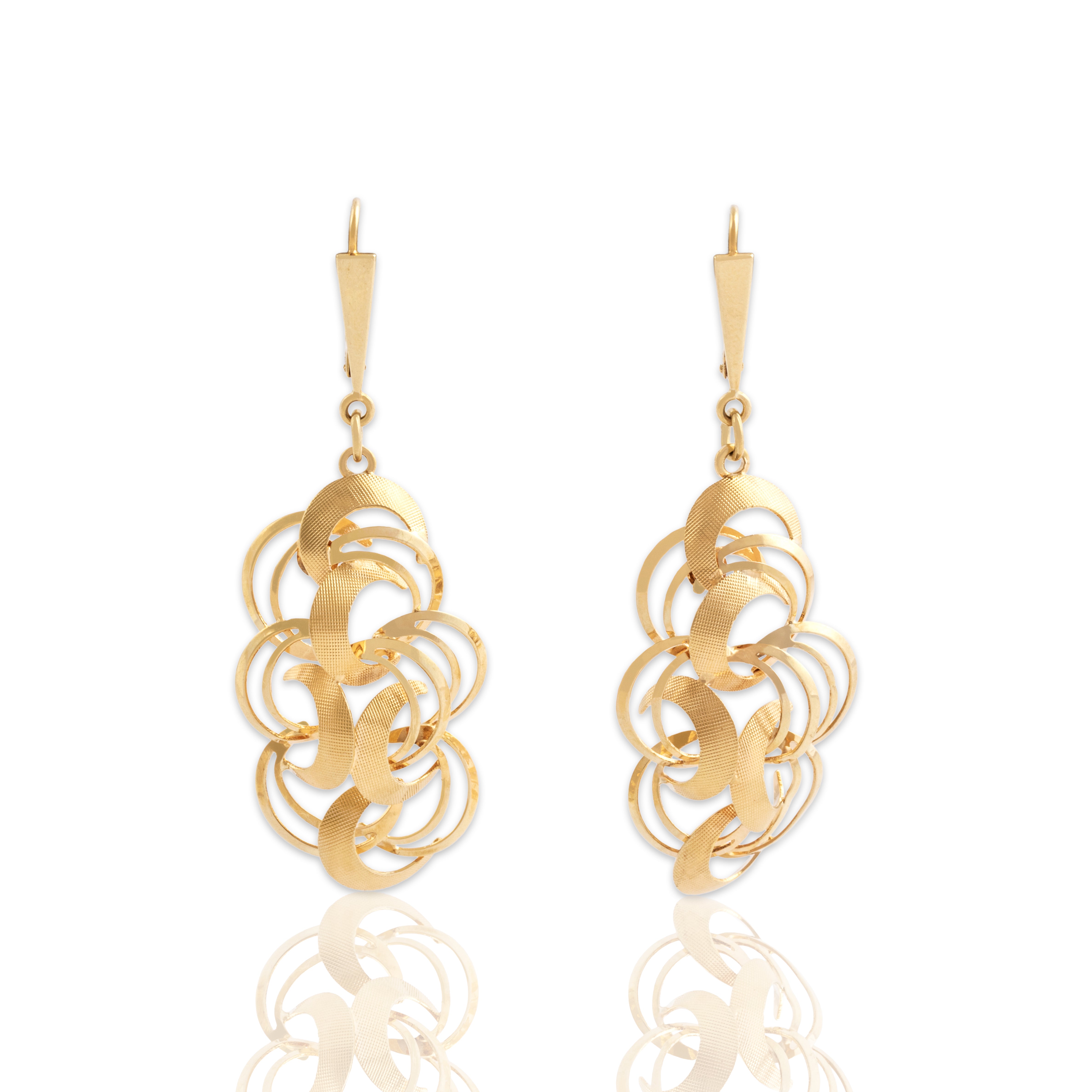 Vintage 14k Yellow Gold Artistic Crescent Cluster Dangle Earrings - Close-up view