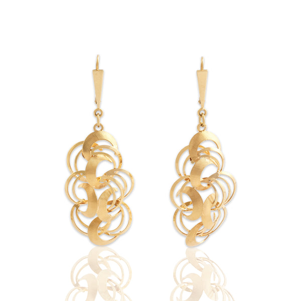Vintage 14k Yellow Gold Artistic Crescent Cluster Dangle Earrings - Close-up view