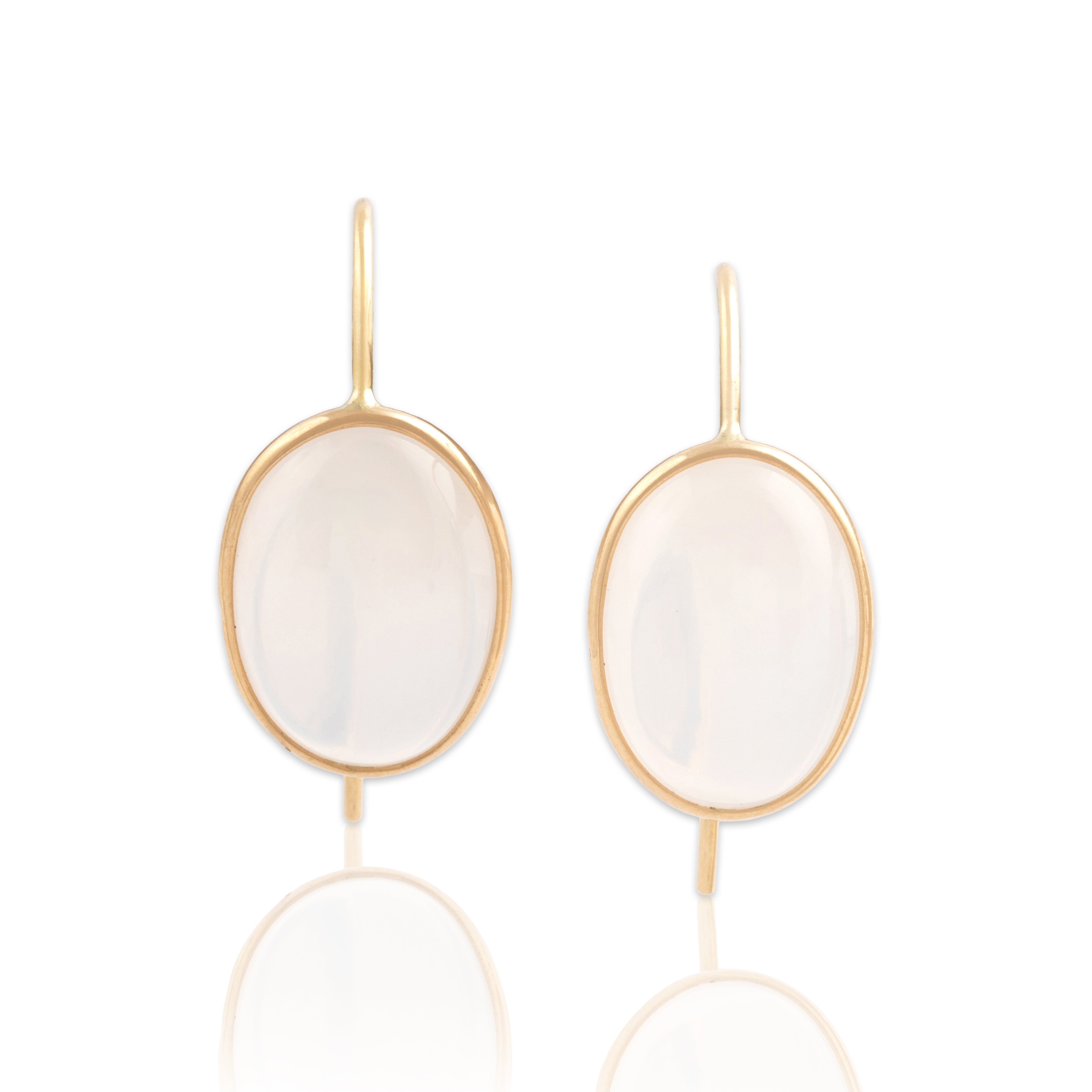 Estate 14k Yellow Gold 8.82cttw Moonstone Glowing Modern Bezel-Set Dangle Earrings - Close-up view