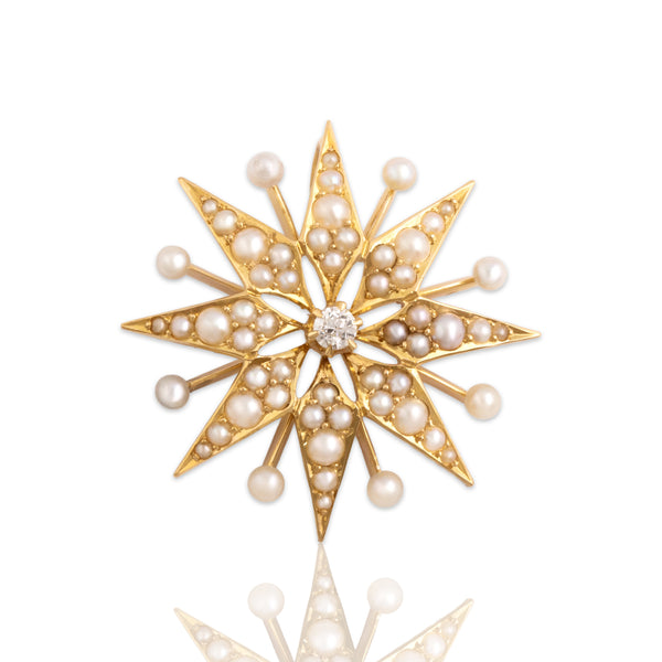 Antique Victorian 14k Yellow Gold Old Mine Cut Diamond Pearl Celestial Star Pendant