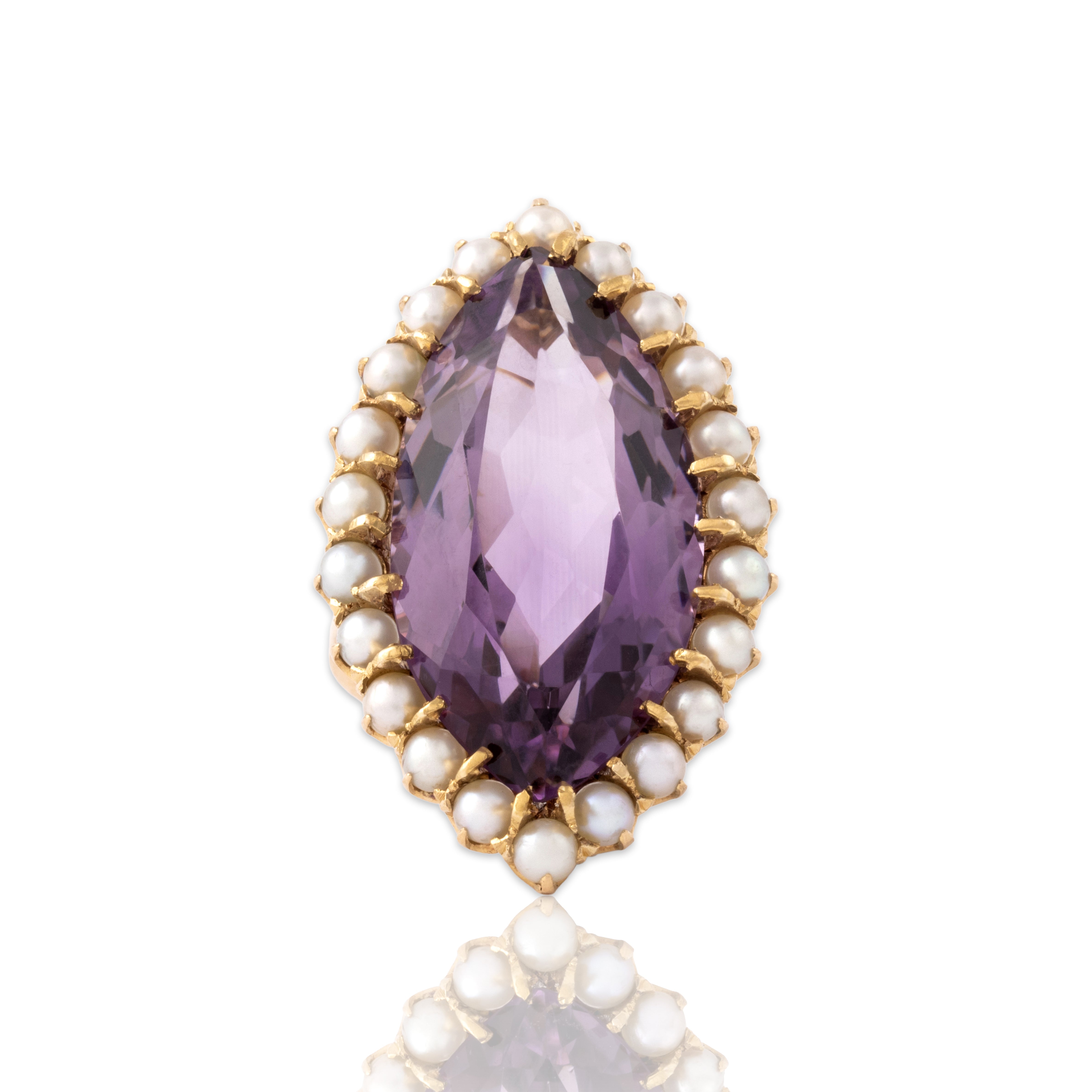 Vintage 18k Yellow Gold 16.47ct Amethyst Pearl Oversized Dramatic Navette Halo Cockail Ring - Close-up view