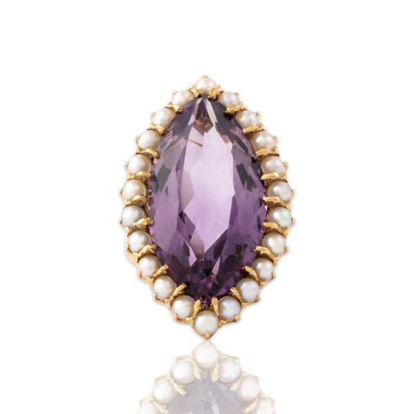 Vintage 18k Yellow Gold 16.47ct Amethyst Pearl Oversized Halo Cocktail Ring 5.75