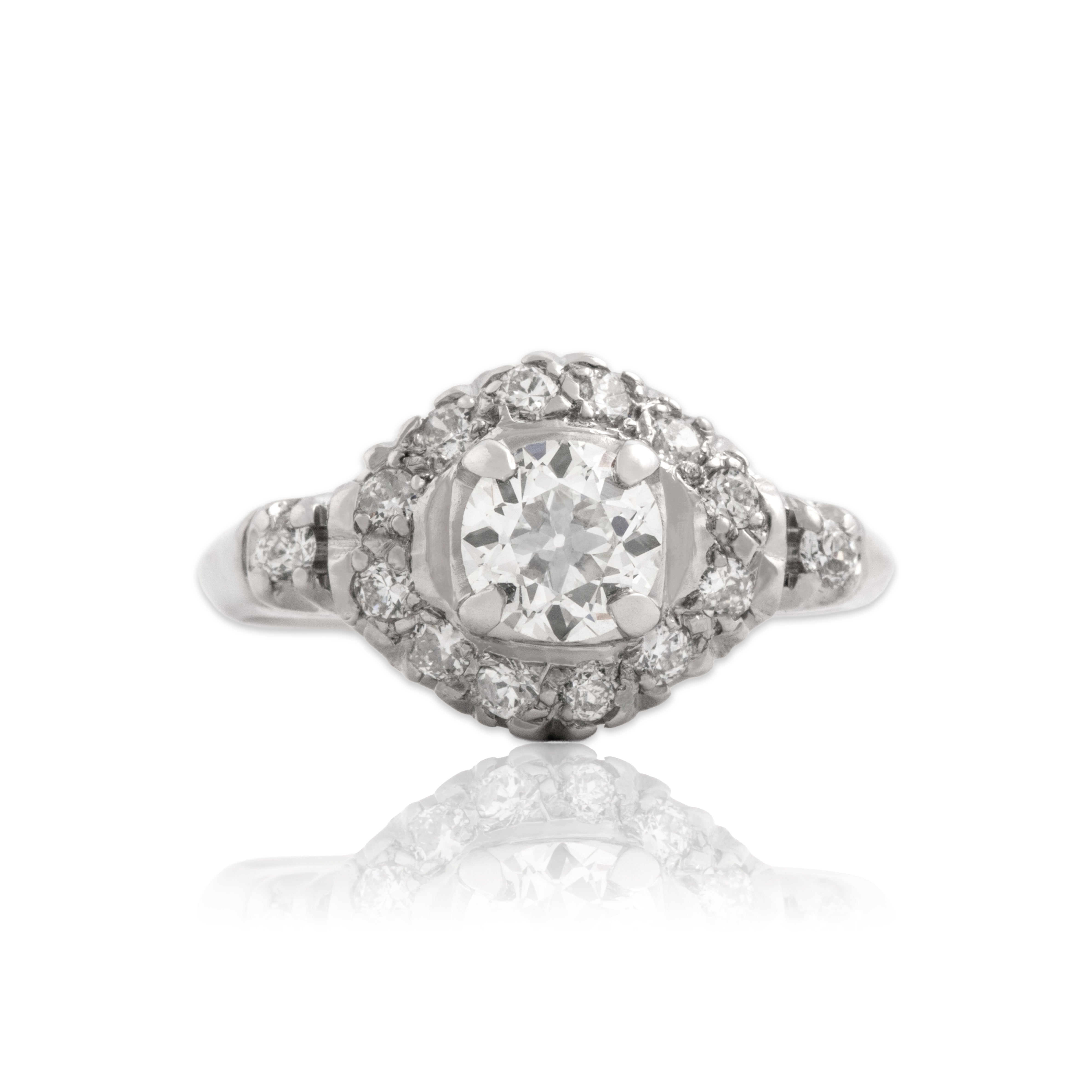Vintage 14k White Gold .84cttw Old European Cut Diamond Beautiful Ruffled Accented Halo Ring - Close-up view