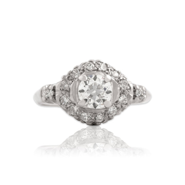 Vintage 14k White Gold .84cttw Old European Cut Diamond Accented Halo Ring 6.25