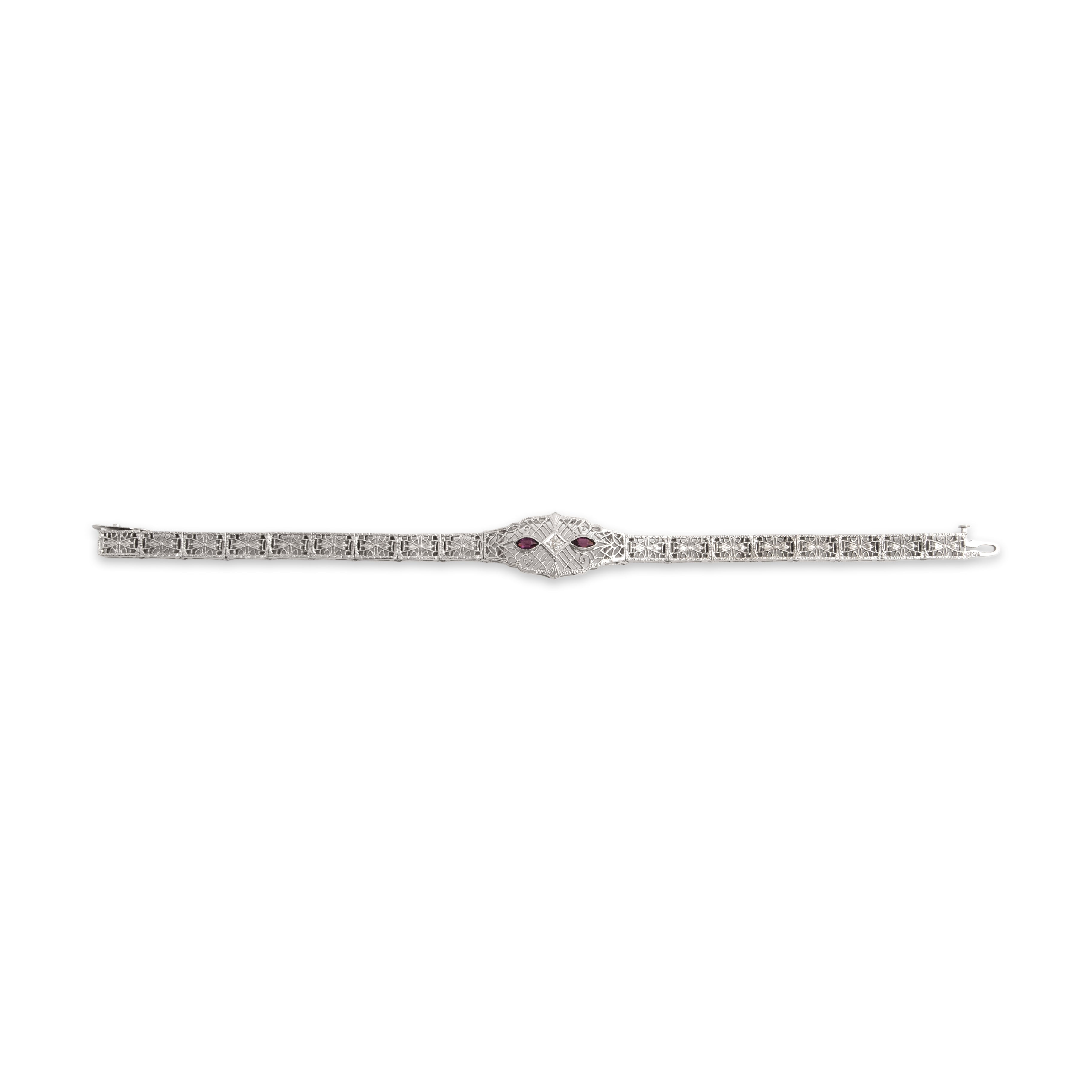 Antique Art Deco 14k White Gold Diamond Purple Glass Stunning Openwork Bracelet - Close-up view