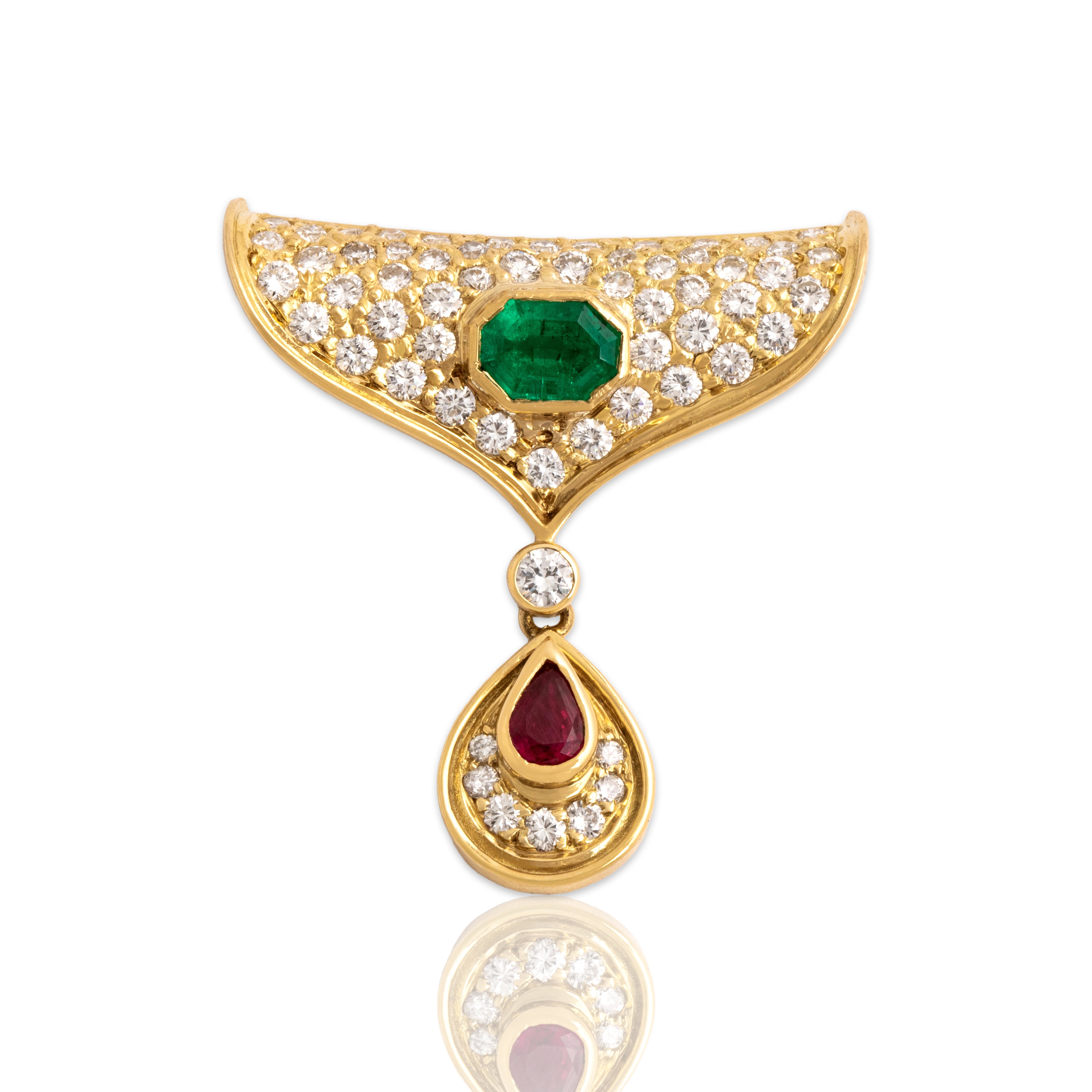 Vintage 18k Yellow Gold .5ct Emerald 1.04cttw Diamond Ruby Elegant Teardrop Dangle Slide Pendant - Close-up view