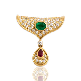 Vintage 18k Yellow Gold 1.04cttw Diamond Emerald Ruby Incredible Slide Pendant
