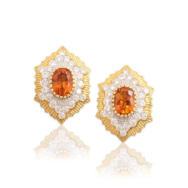 Vintage 18k Yellow & White Gold 6.06cttw Orange Sapphire 1.68cttw Diamond Oversized Incredible Glittering Shield Omega Back Statement Earrings - Close-up view