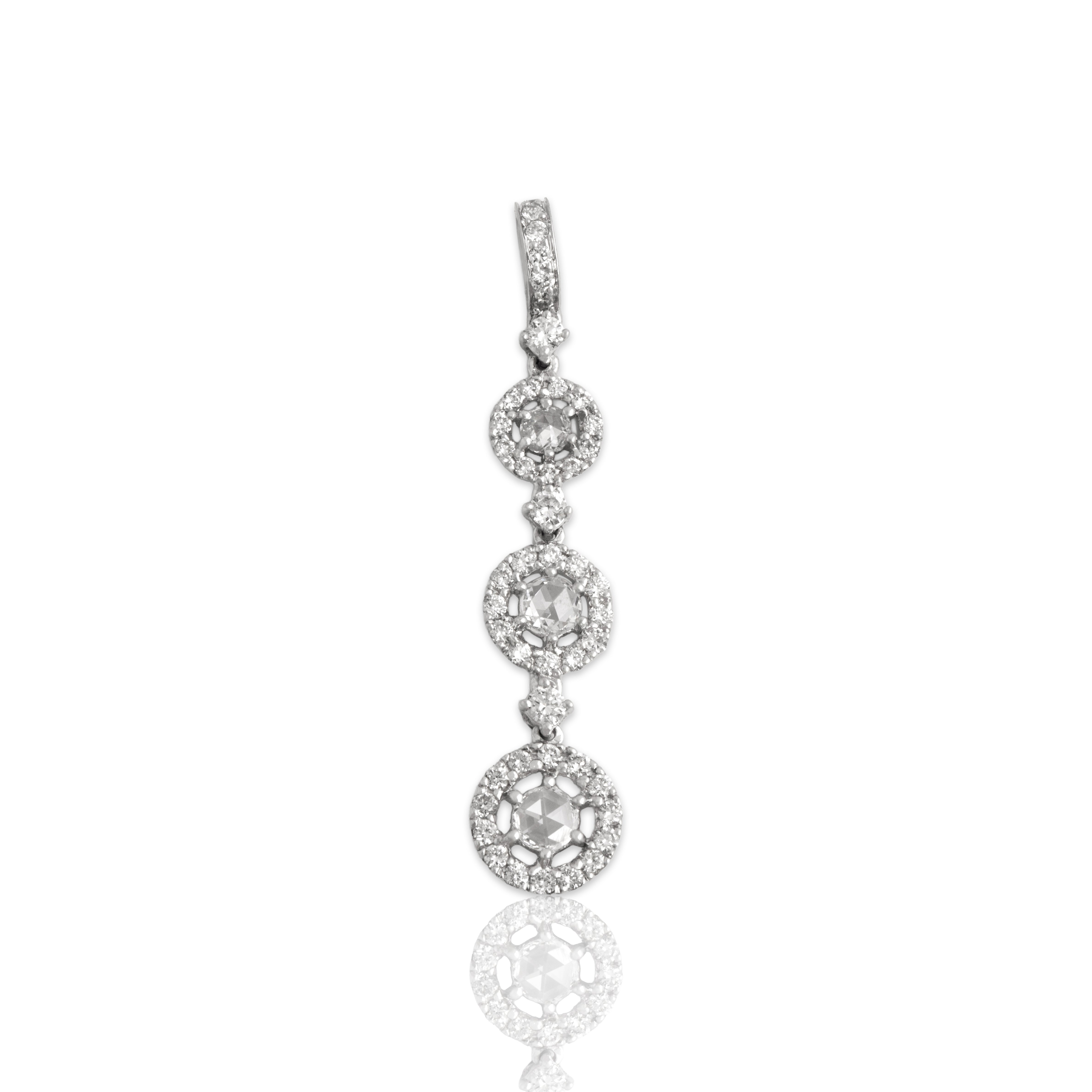 Vintage 14k White Gold Diamond Rose Cut Diamond Graduating Sparkling Halos Pendant - Close-up view