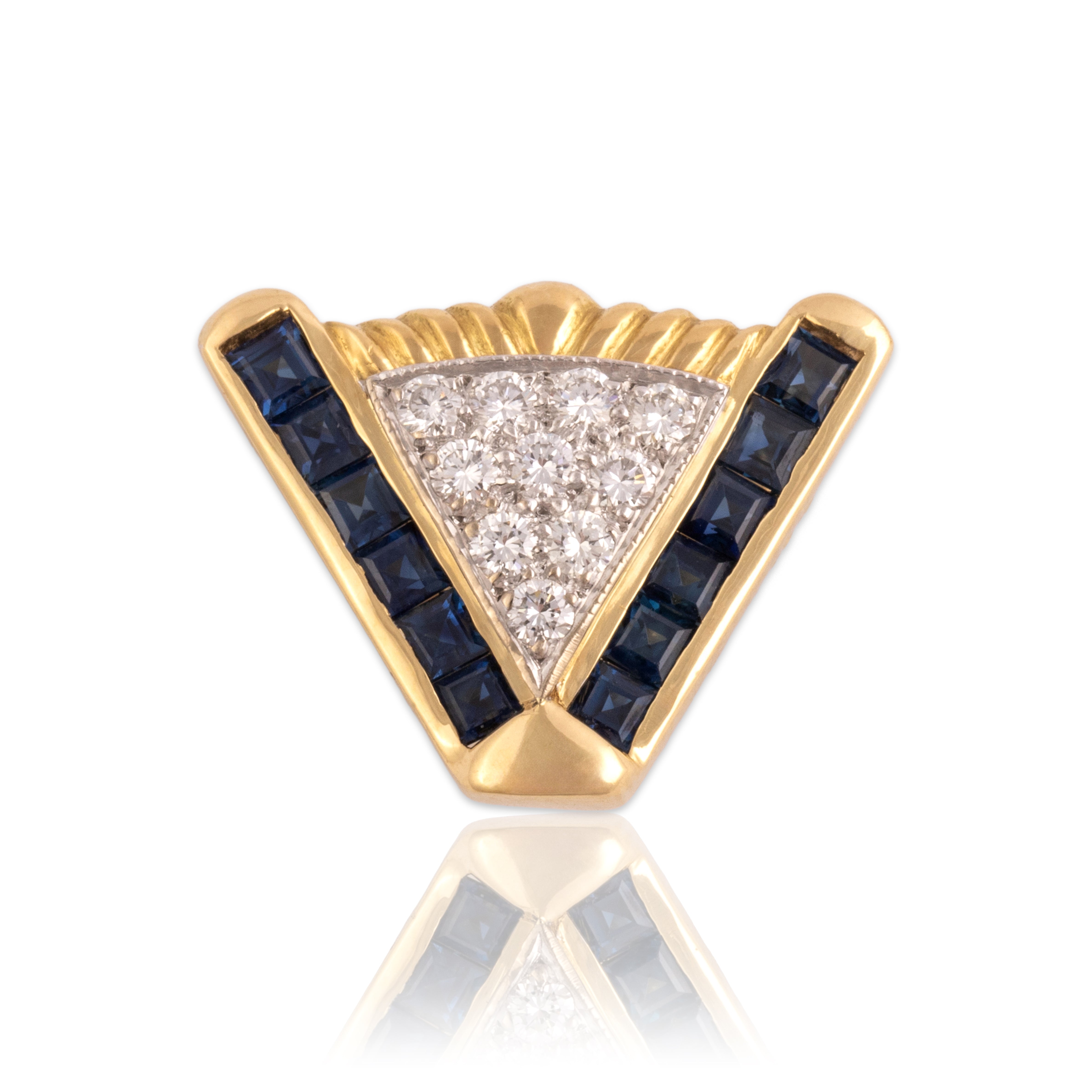 Vintage 18k Yellow Gold .6cttw Blue Sapphire Diamond Geometric V Channel Slide Pendant - Close-up view