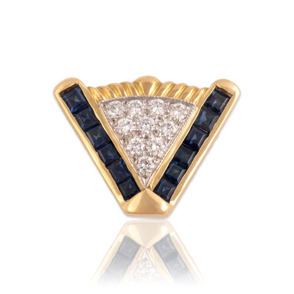 Vintage 18k Yellow Gold .6cttw Blue Sapphire Diamond Geometric V Slide Pendant